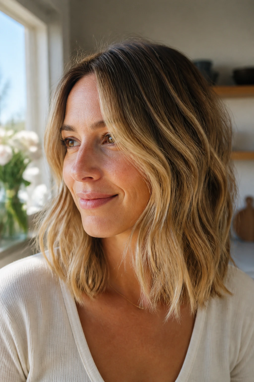 Close-up of a real woman with a wavy lob for fine hair, soft layers and gentle bend