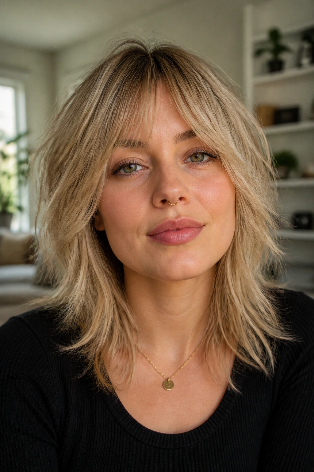 Close-up portrait of a real woman with a fine-hair wolf cut and airy internal layers
