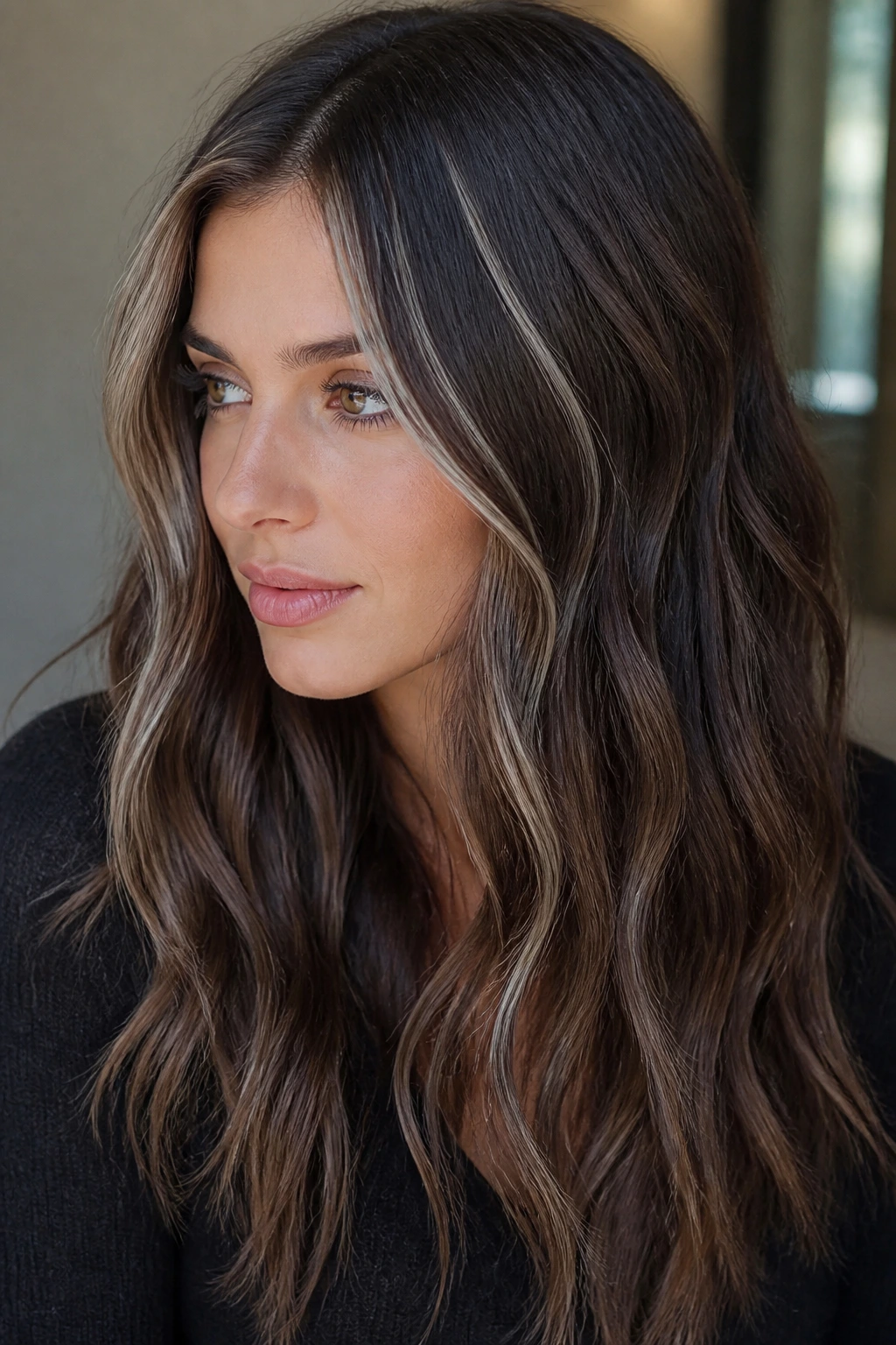 Close-up of a woman with fine platinum ribbons woven through dark brown hair.