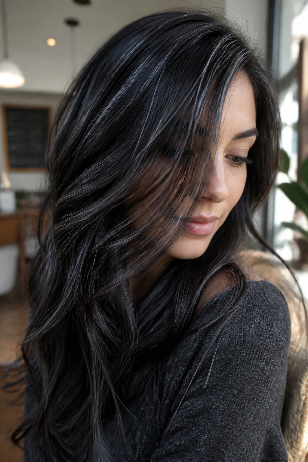 Close-up portrait of a real person with fine silver babylights in dark hair