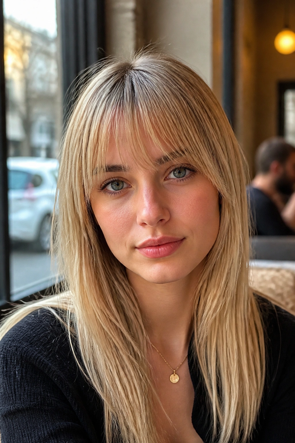 Close-up of a real woman with fine straight bangs at a cafe window