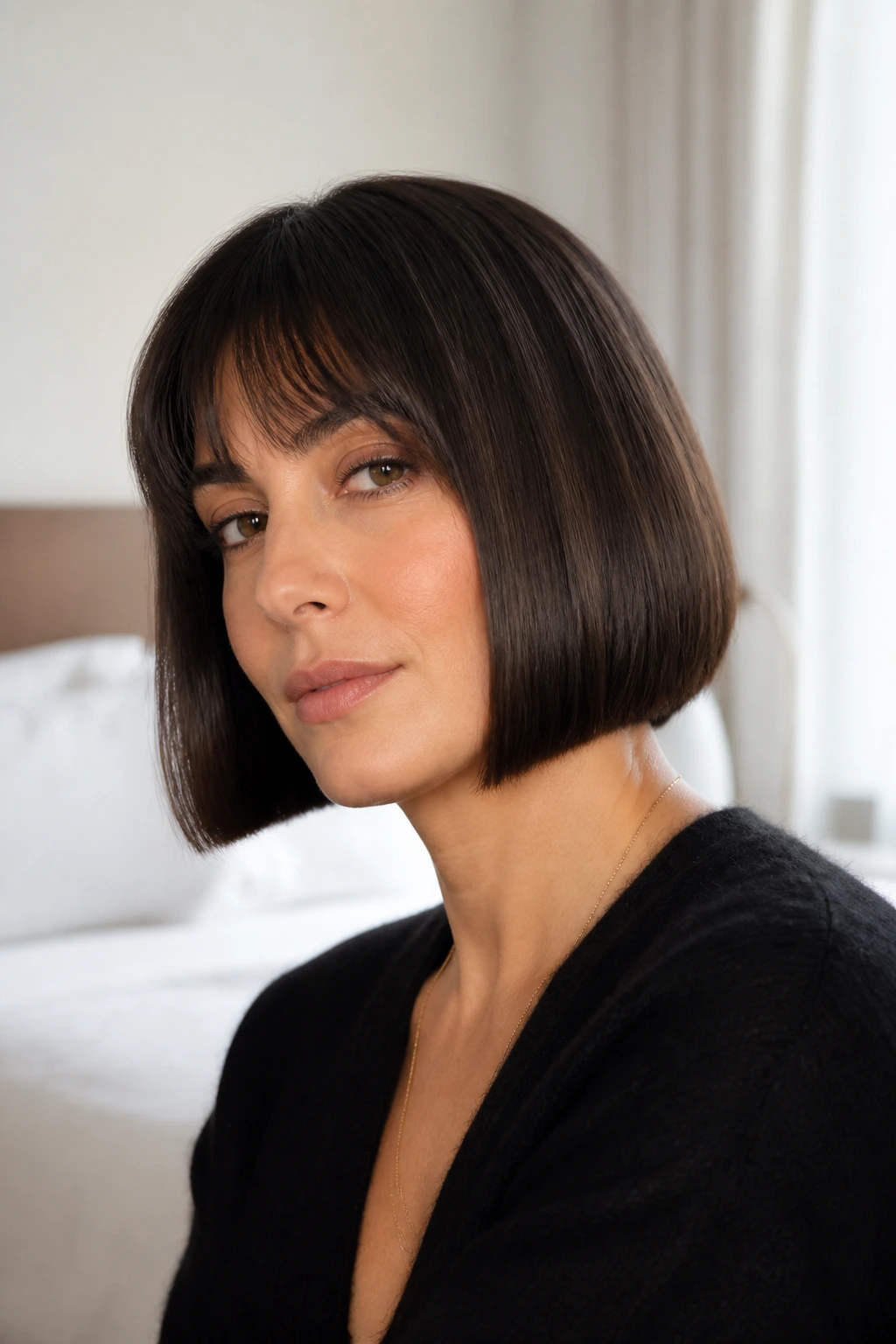 Close-up of a real woman with fine straight hair in a blunt French bob
