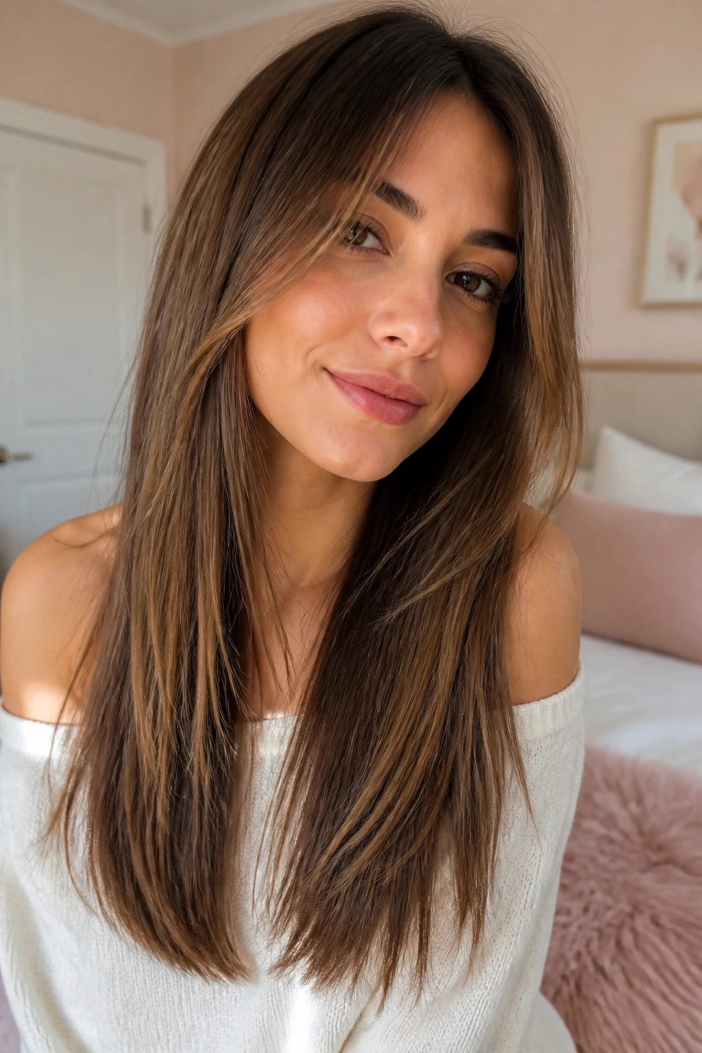 Close-up portrait of fine straight hair with long subtle layers