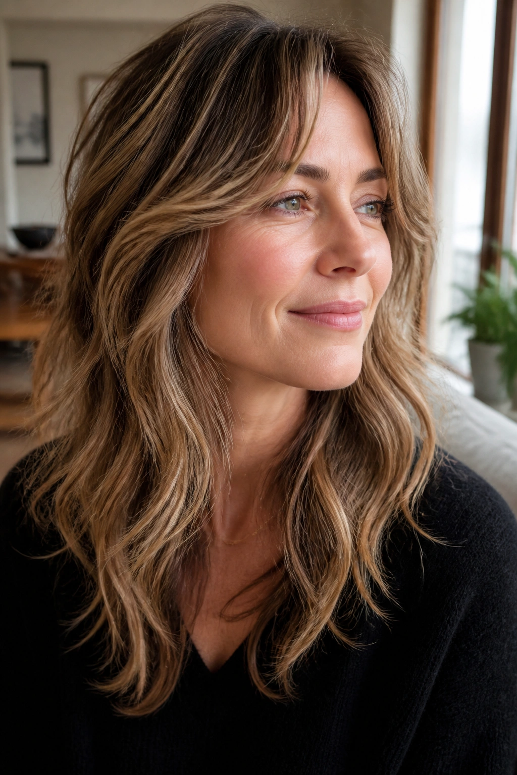 Close-up of a real person with fine, loose interior layers in soft waves by a window light