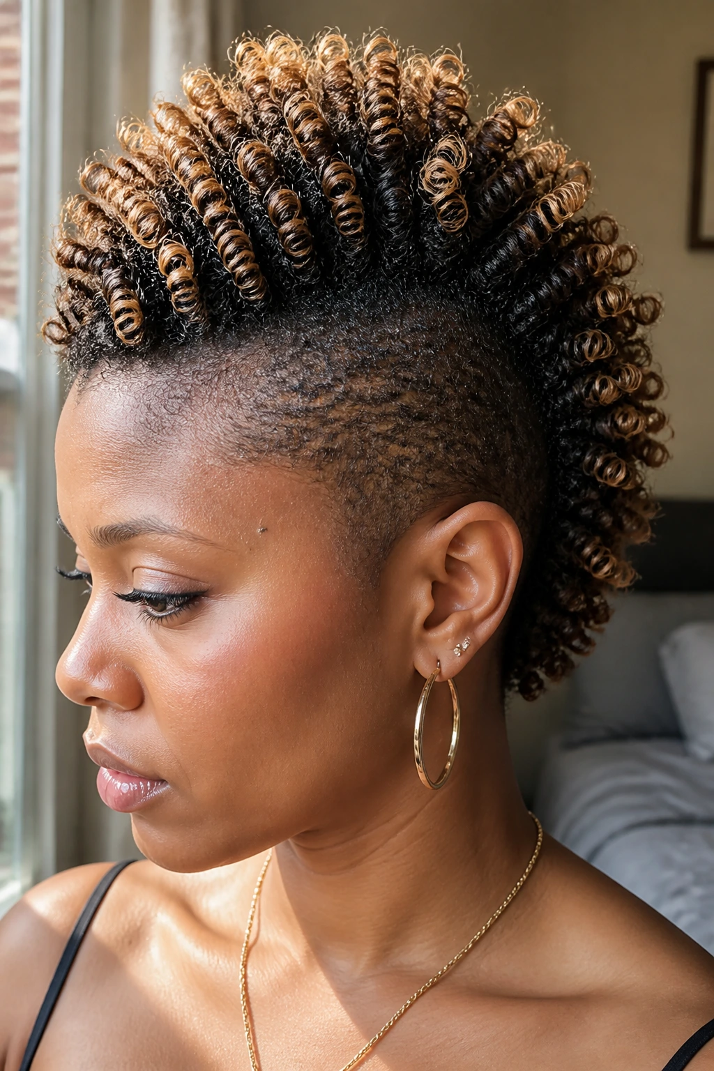 Close-up portrait of a real person with a finger-coil mohawk and tight center coils in natural window light.