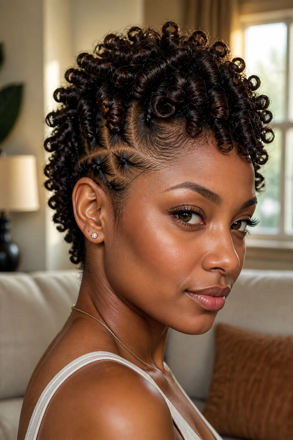 Close-up of finger coil Mohawk on a real person in a warm living room