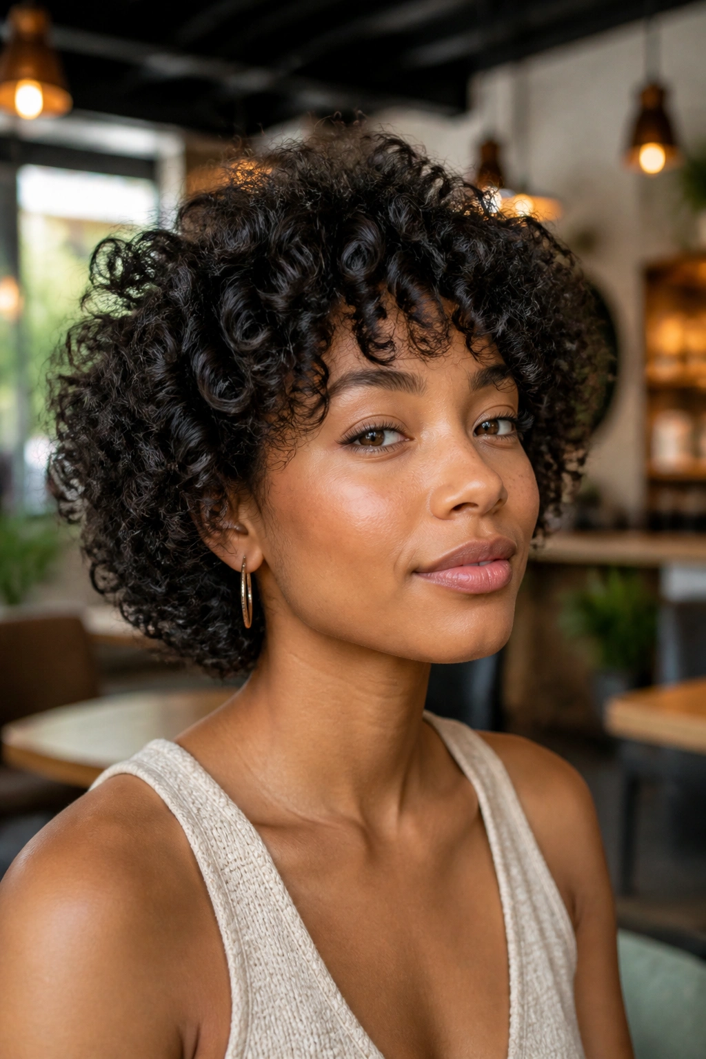 Close-up of real woman with Finger-Coiled Bob and airy ends