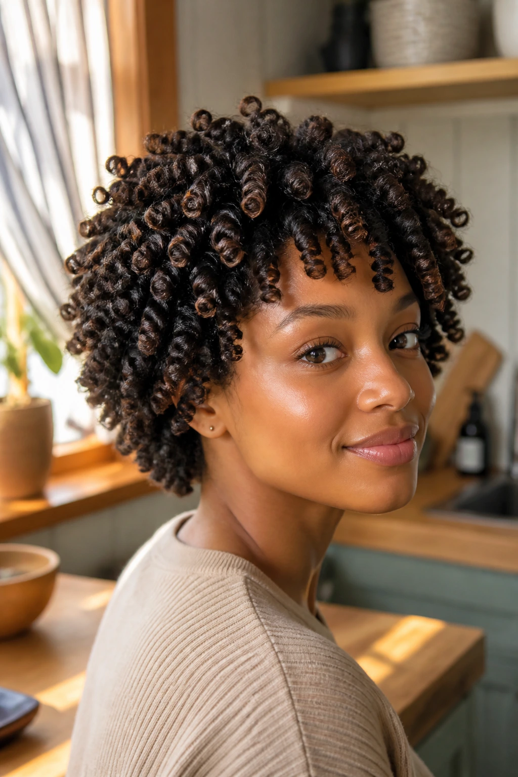 Close-up of real person with finger coils forming a halo of texture