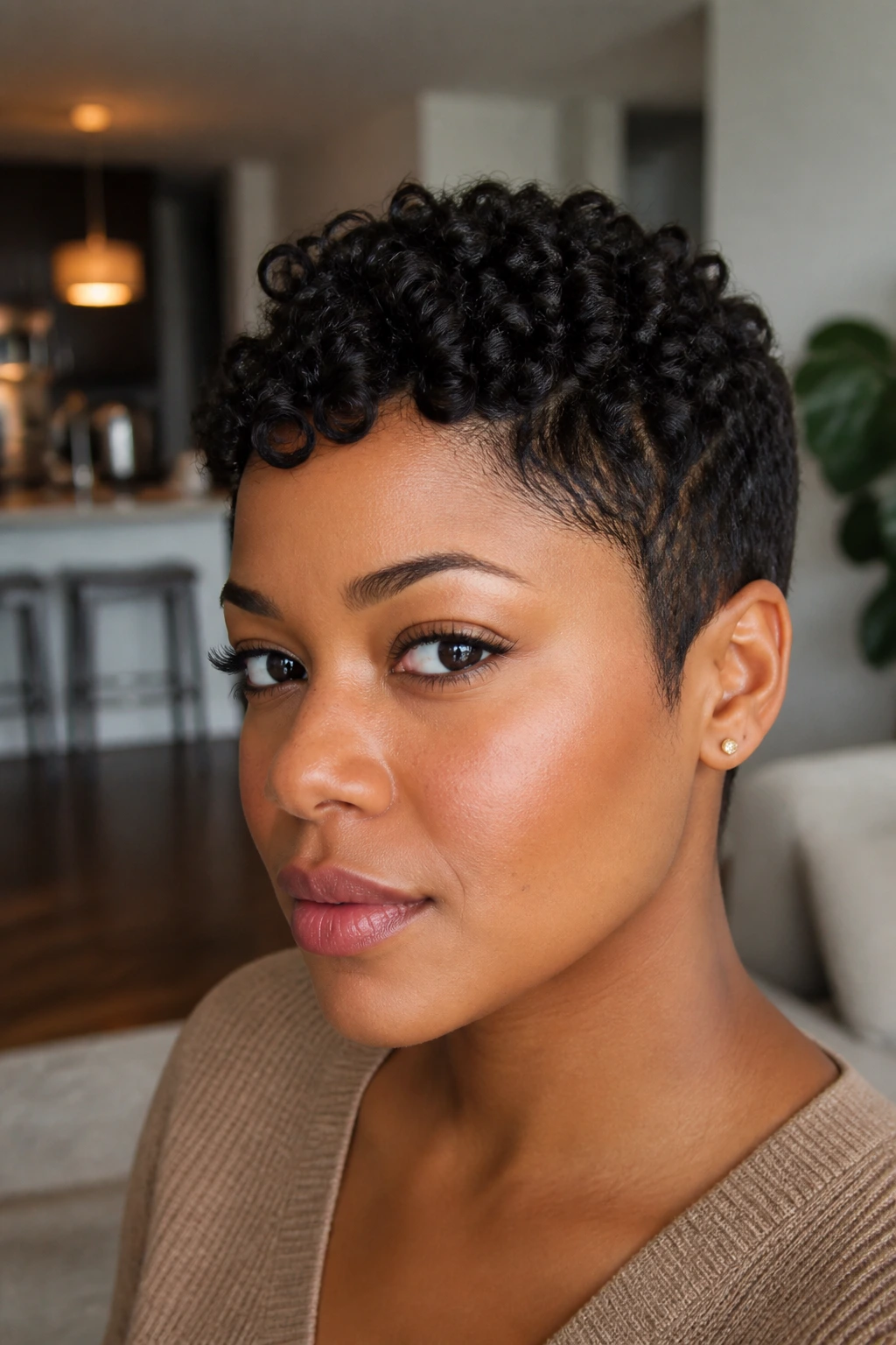 Close-up portrait of a real person with finger-coiled pixie hairstyle