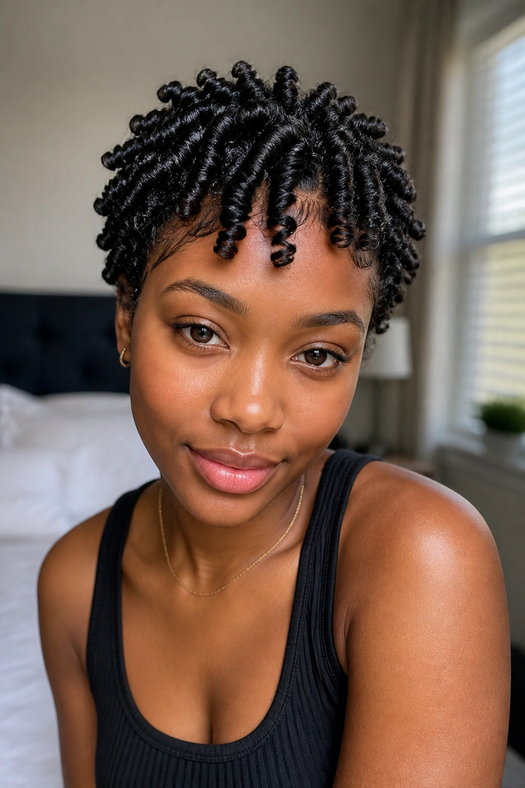 Close-up of a person with finger coils on short 4C hair.