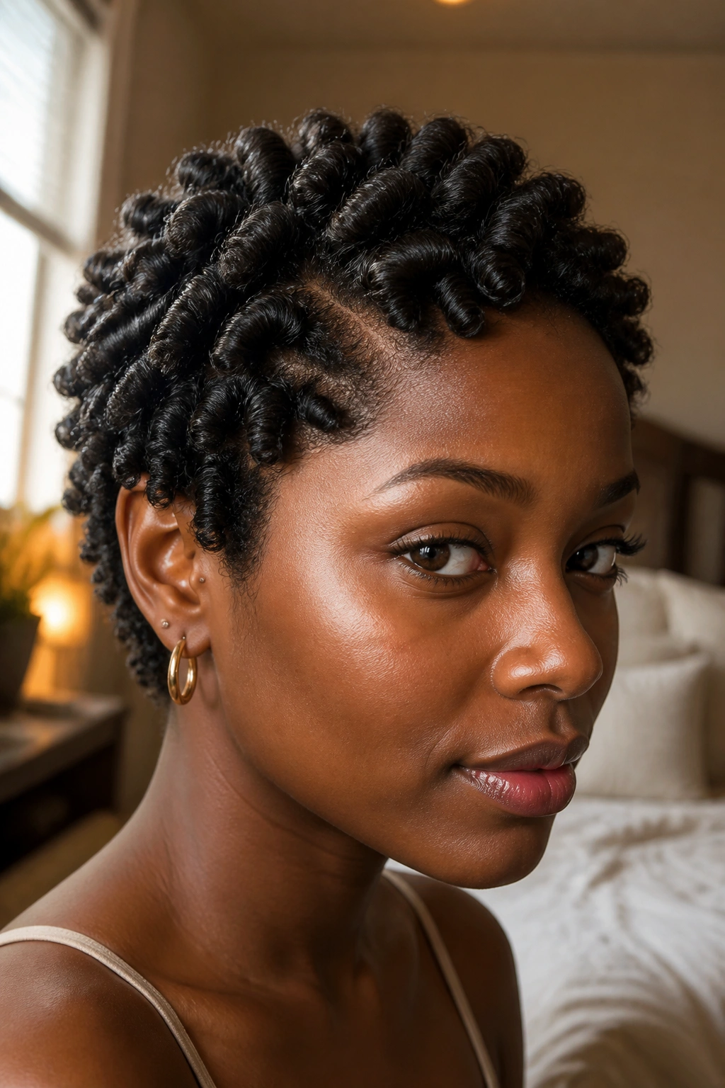 Close-up of short 4C hair styled into defined finger coils on a real person.