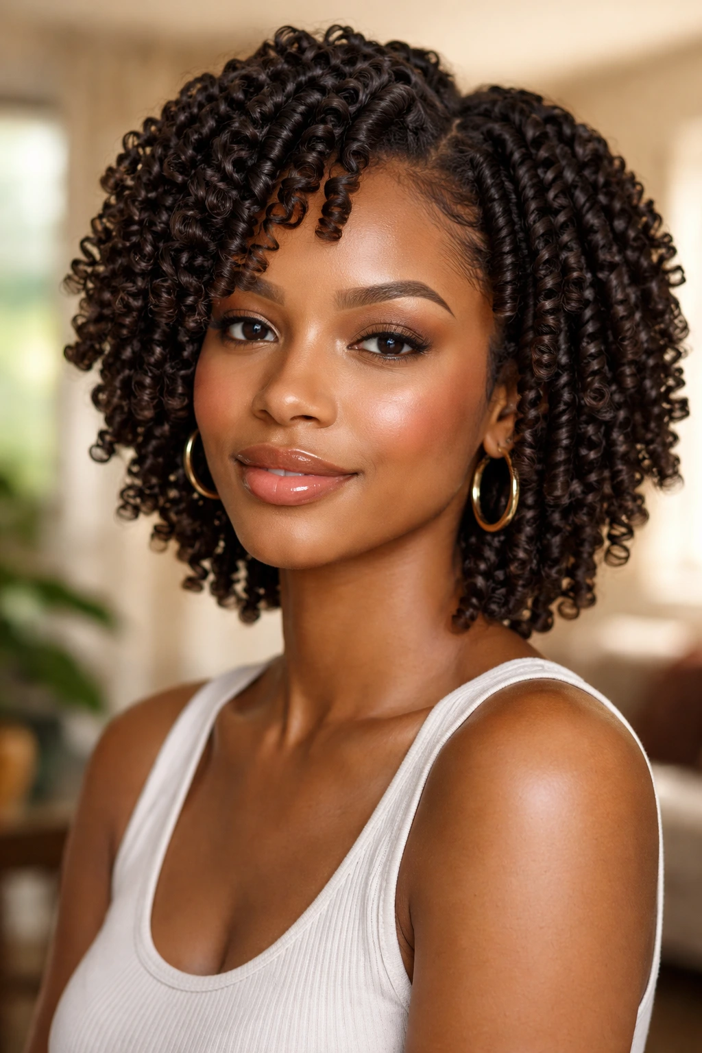 Close-up of a real woman with clearly defined finger coils on her curls