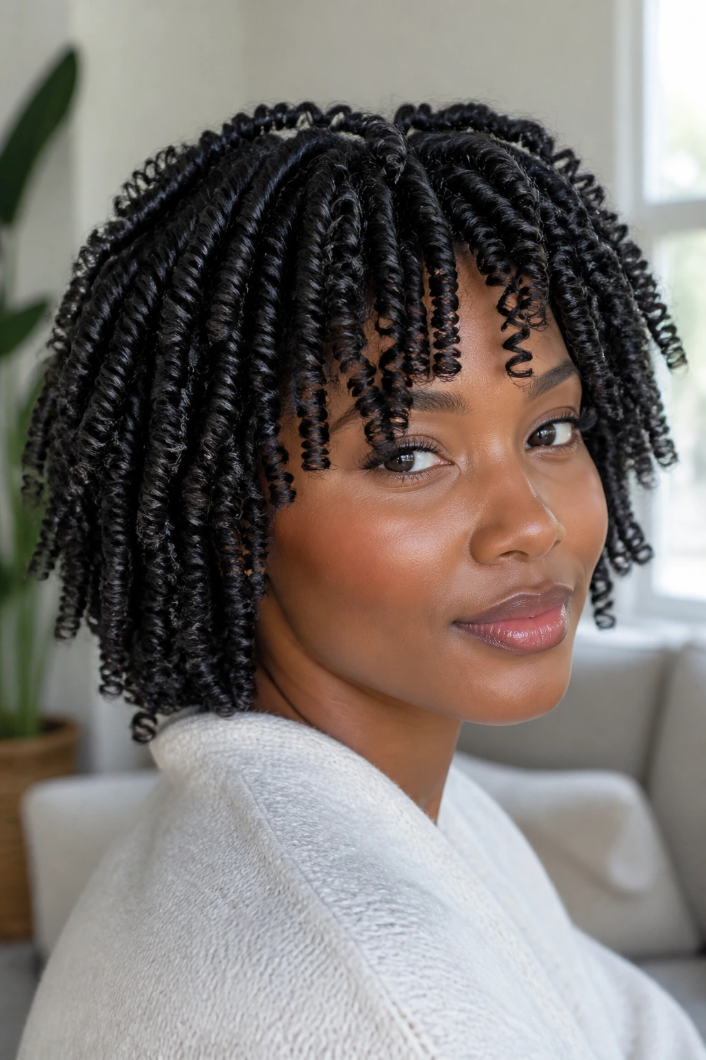 Close-up of a real woman with crisp finger coils from root to tip