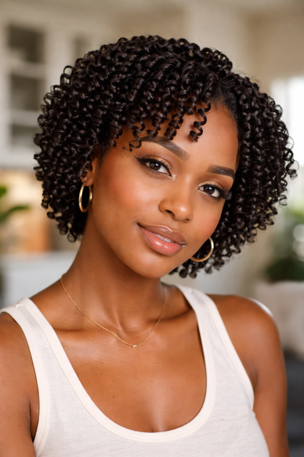 Close-up of a real woman with finger coils for defined texture
