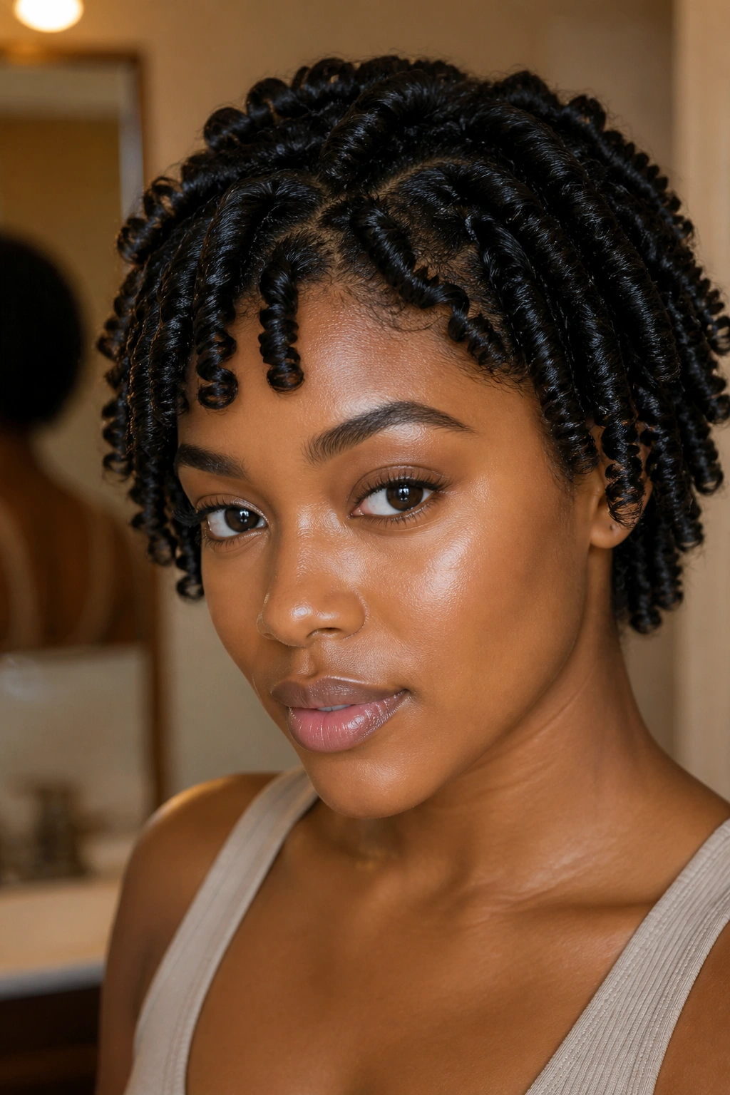 Close-up of a real woman with finger coils for tight definition