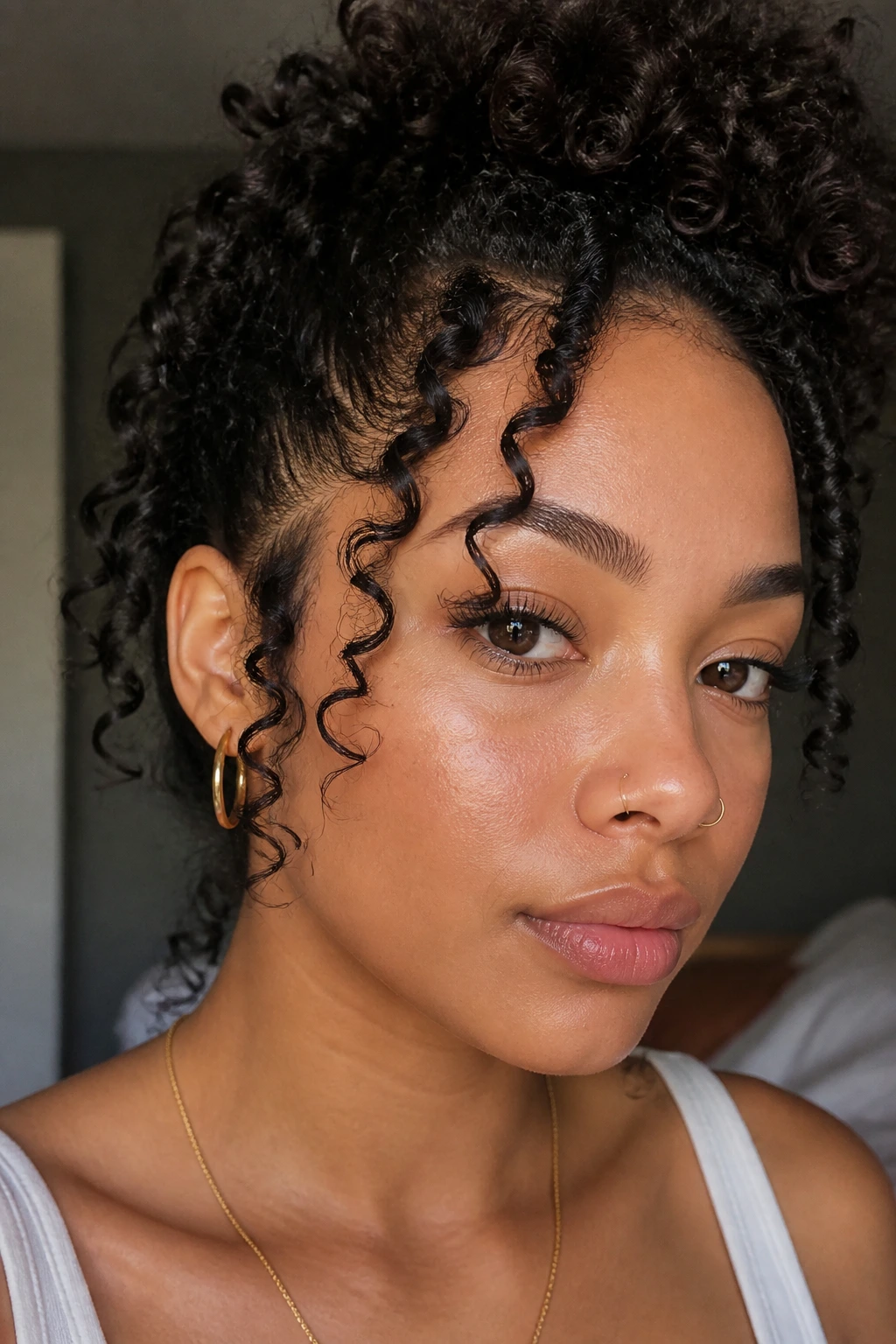 Close-up of finger coils framing the face on a real woman under natural window light