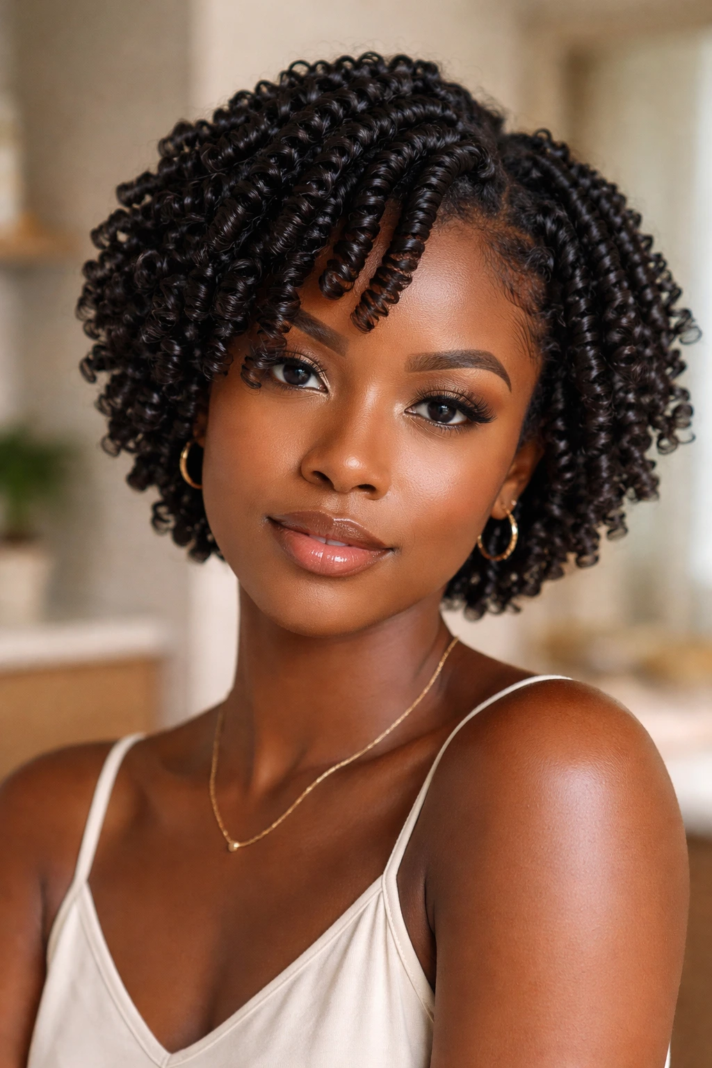 Close-up of real woman with glossy finger coils.