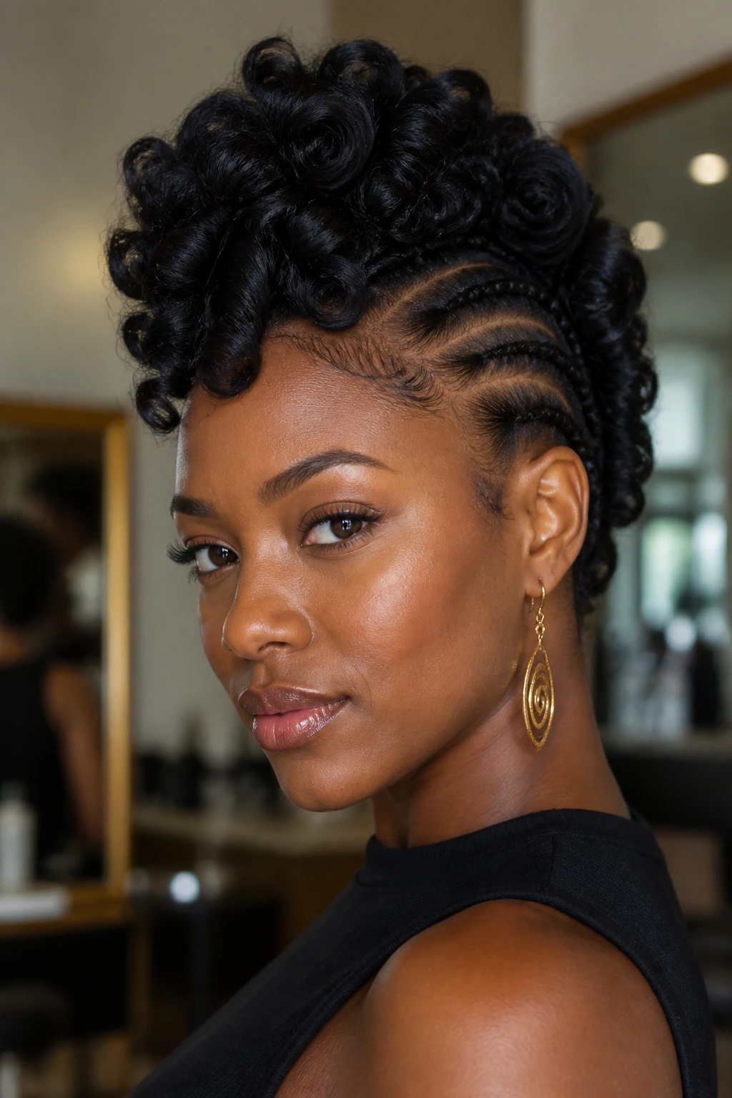 Finger-coil updo Mohawk on a real Black woman