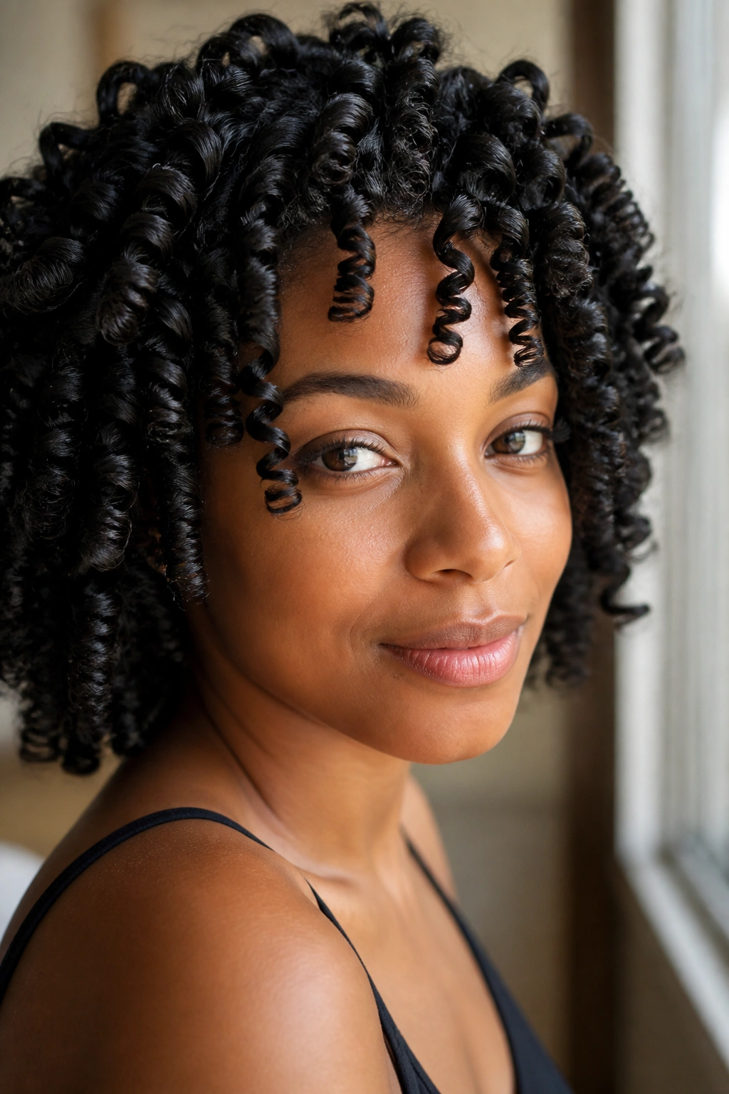Close-up of a person with tight finger-coiled ringlets near a window light