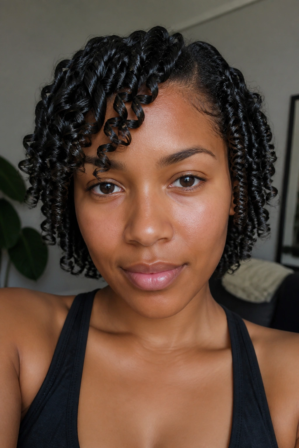 Close-up of a real woman showing neatly defined finger coils