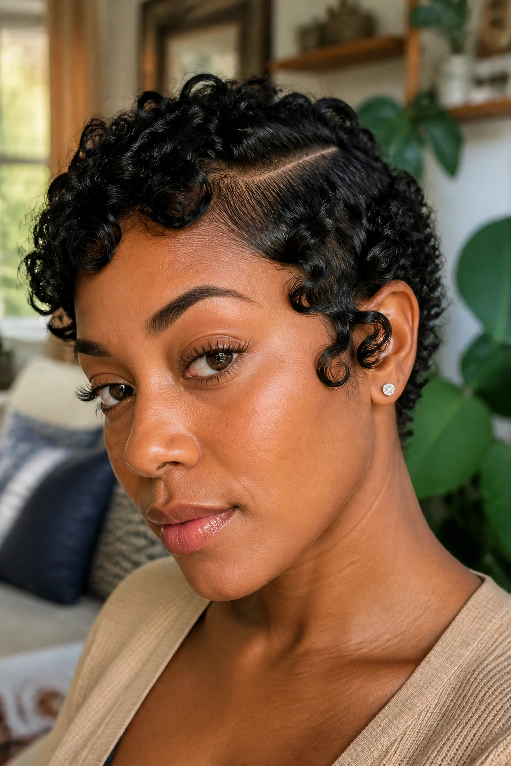 Close-up of a real person with finger coils on the side of short curls