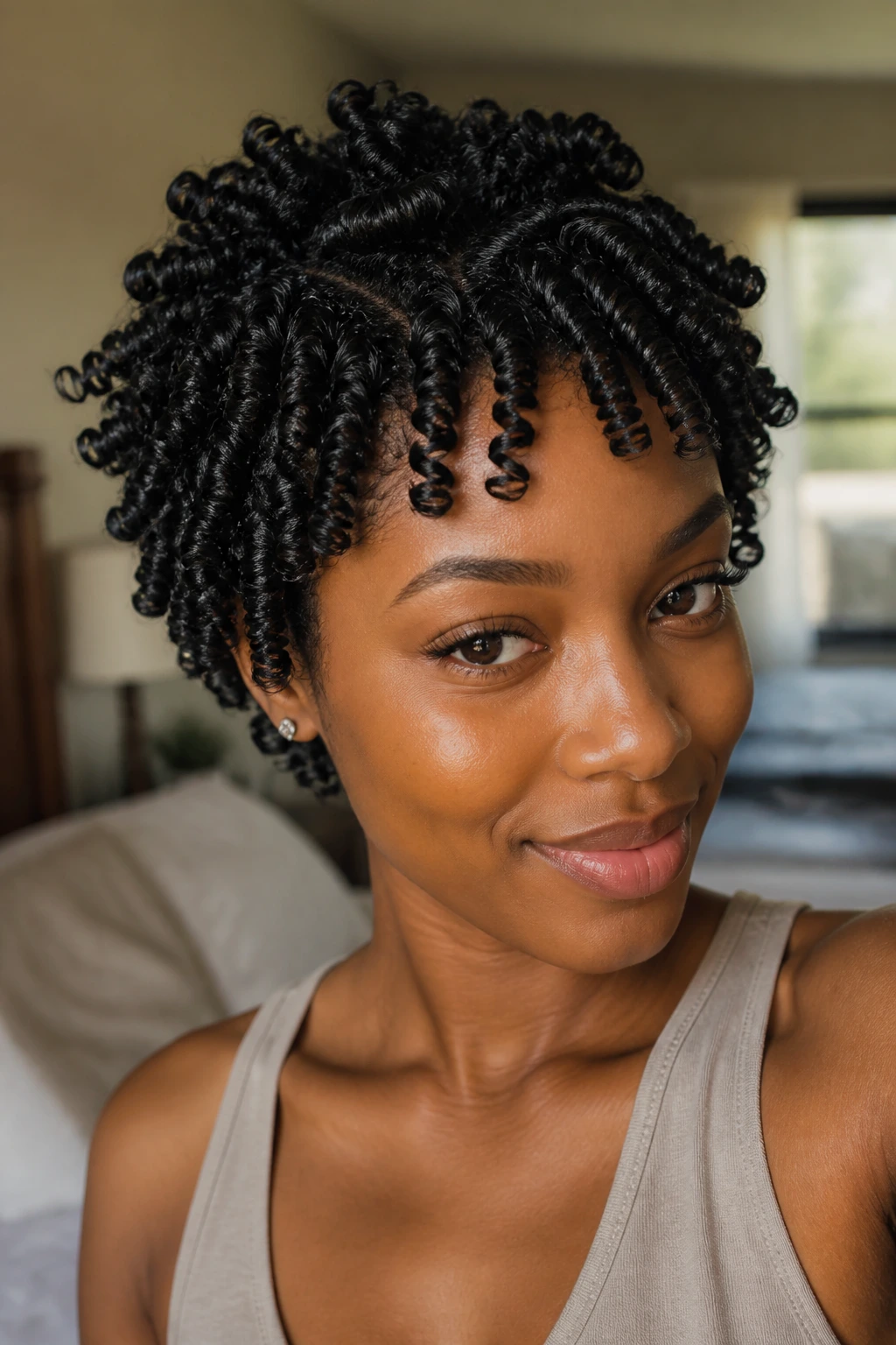 Close-up portrait of a real person with tight finger coils