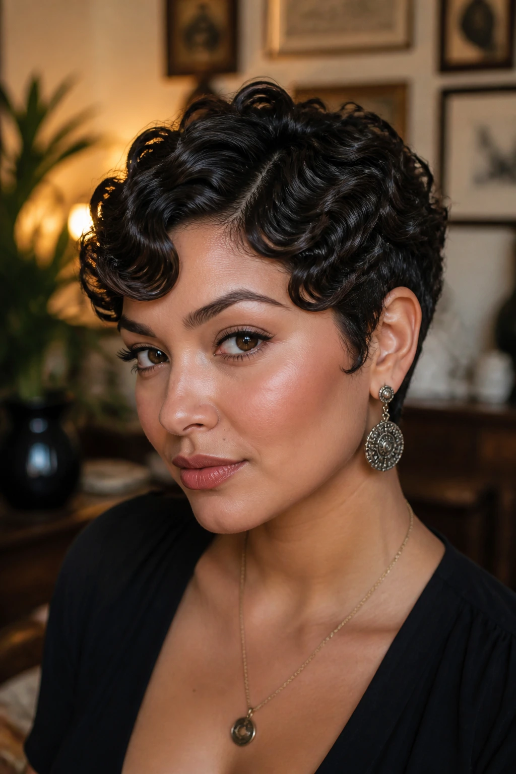 Close-up of a real woman with bouncy finger-wave curls on a pixie