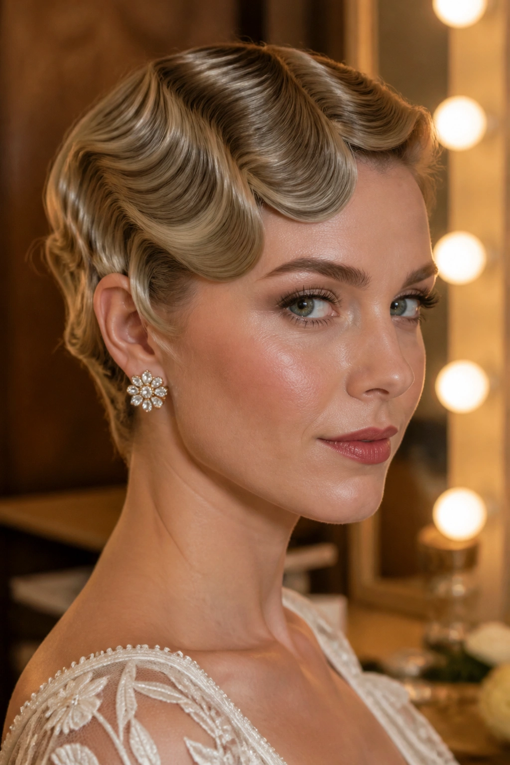 Close-up portrait of a woman with finger waves on a cropped cut