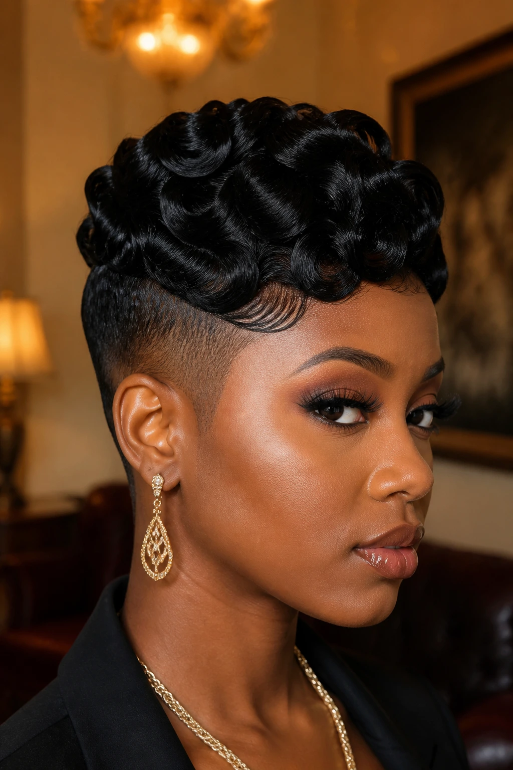 Close-up of a Black woman with finger-wave mohawk in a stylish indoor setting