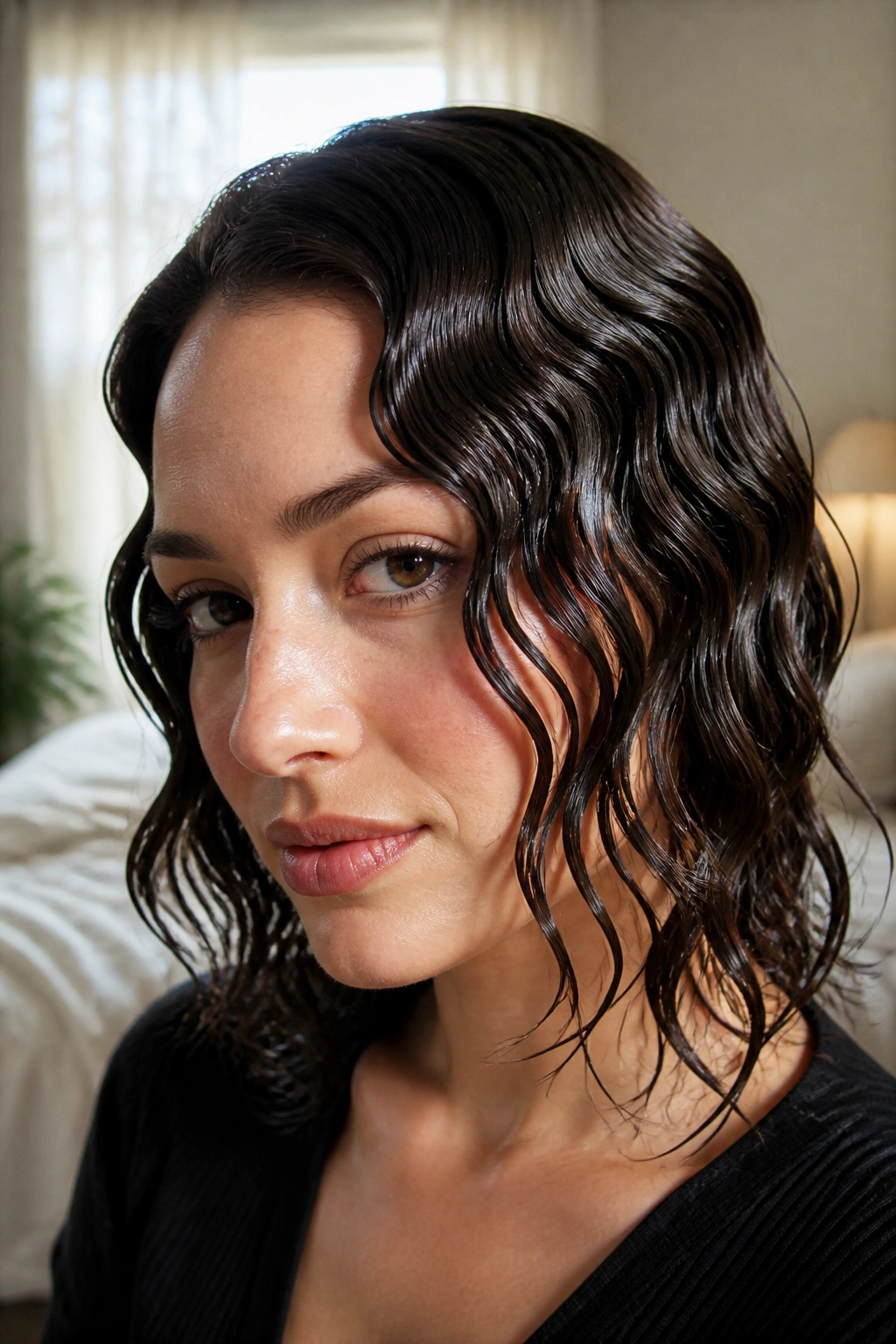 Close-up portrait of a real woman with softened retro finger waves near the face in warm bedroom light