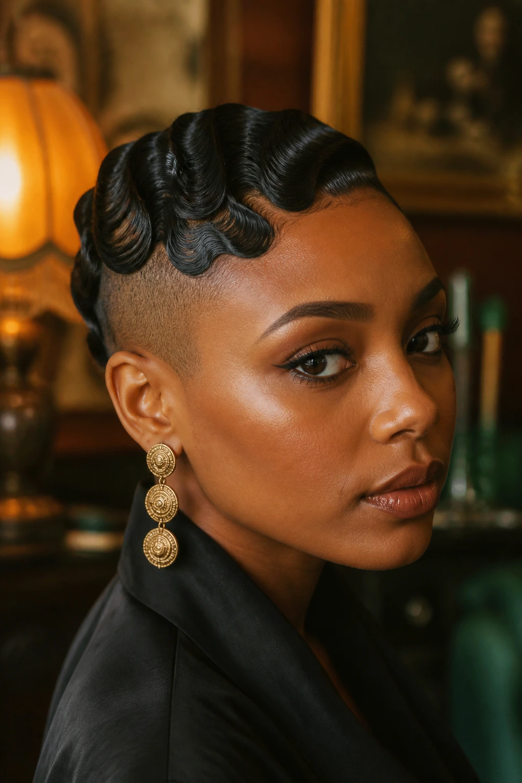 Portrait of a woman with shaved sides and finger waves in a retro setting