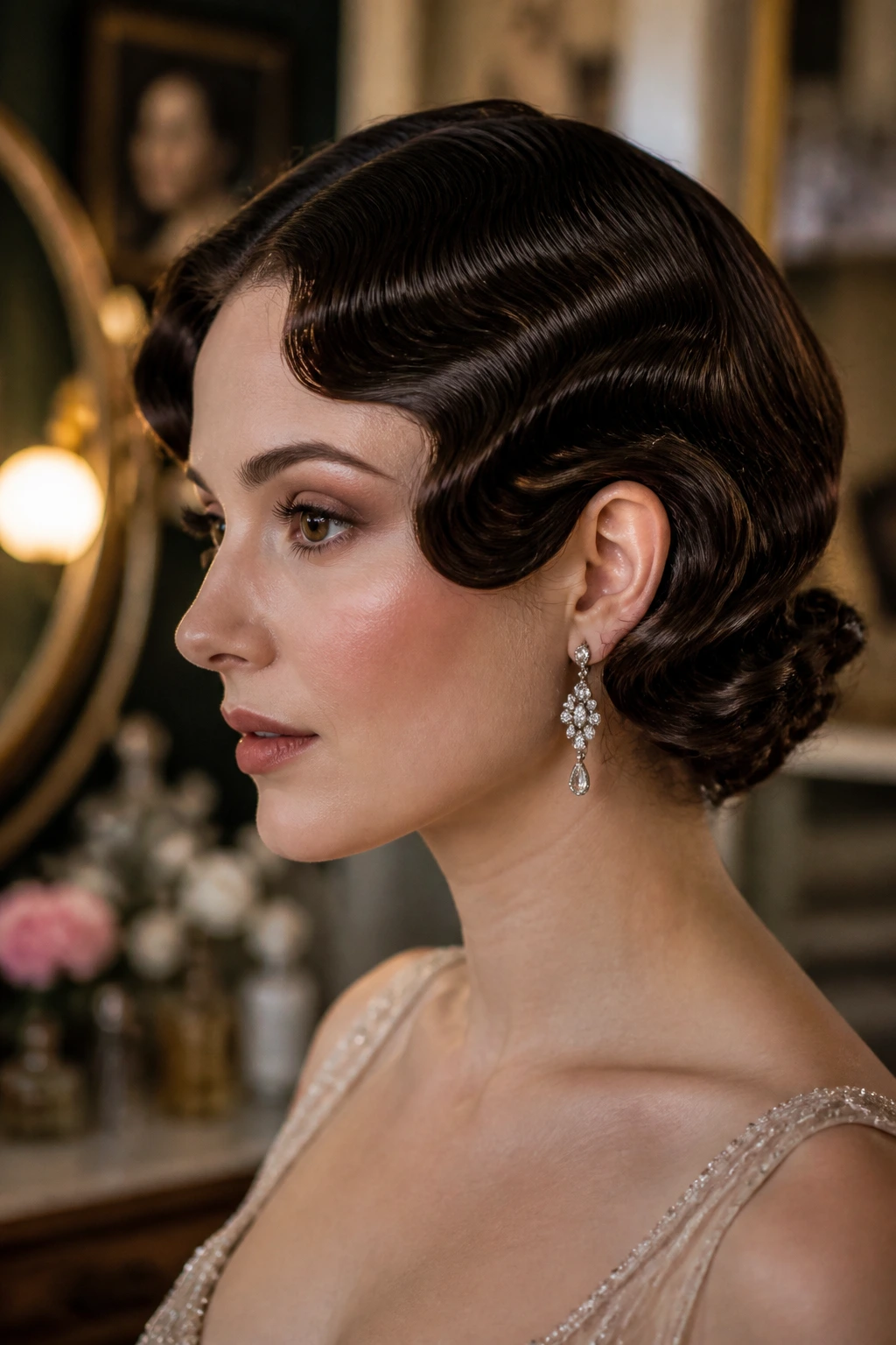 Close-up of a real woman with short finger-wave hairstyle, S-shaped waves