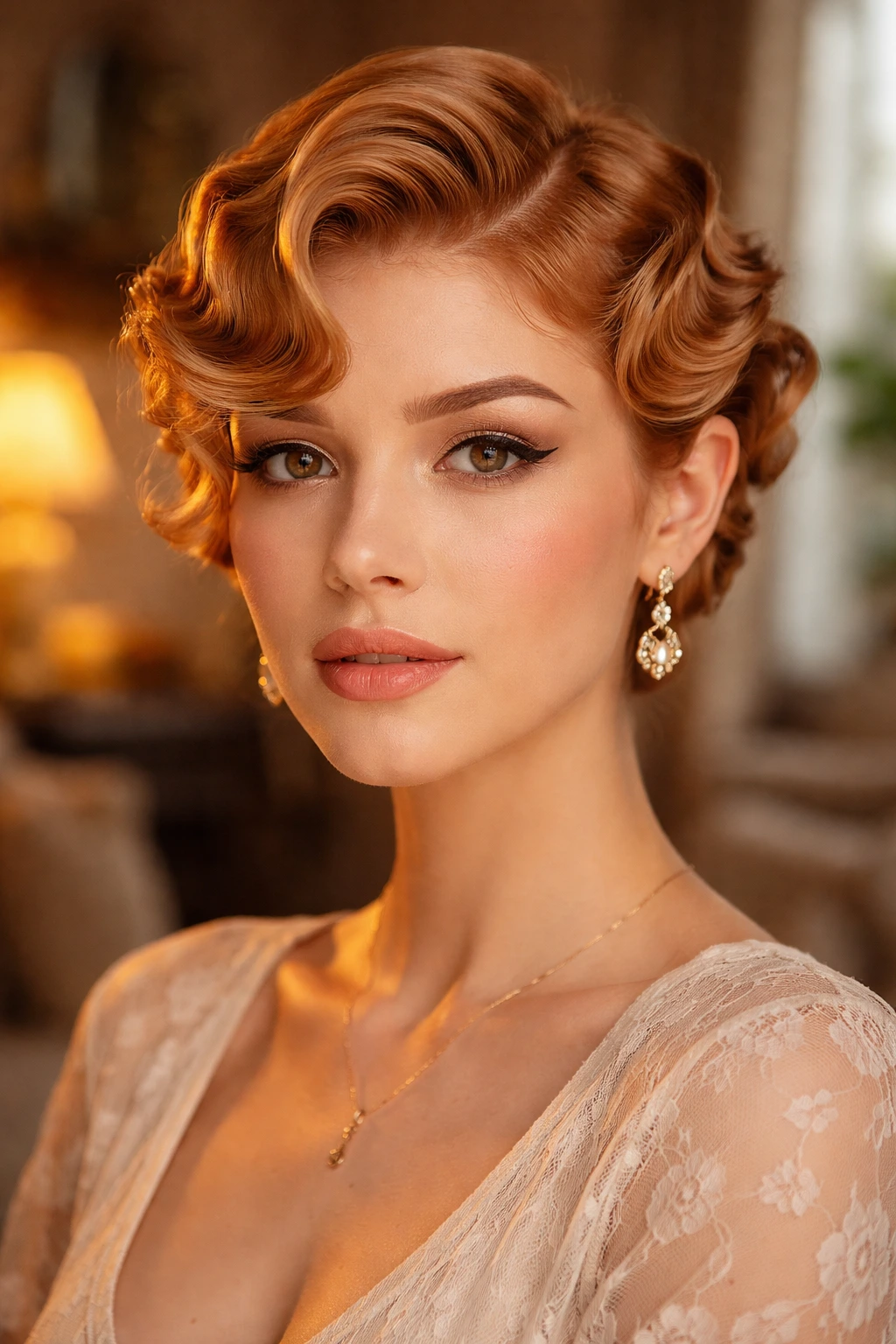 Close-up of woman with strawberry finger waves in a cozy warm living room