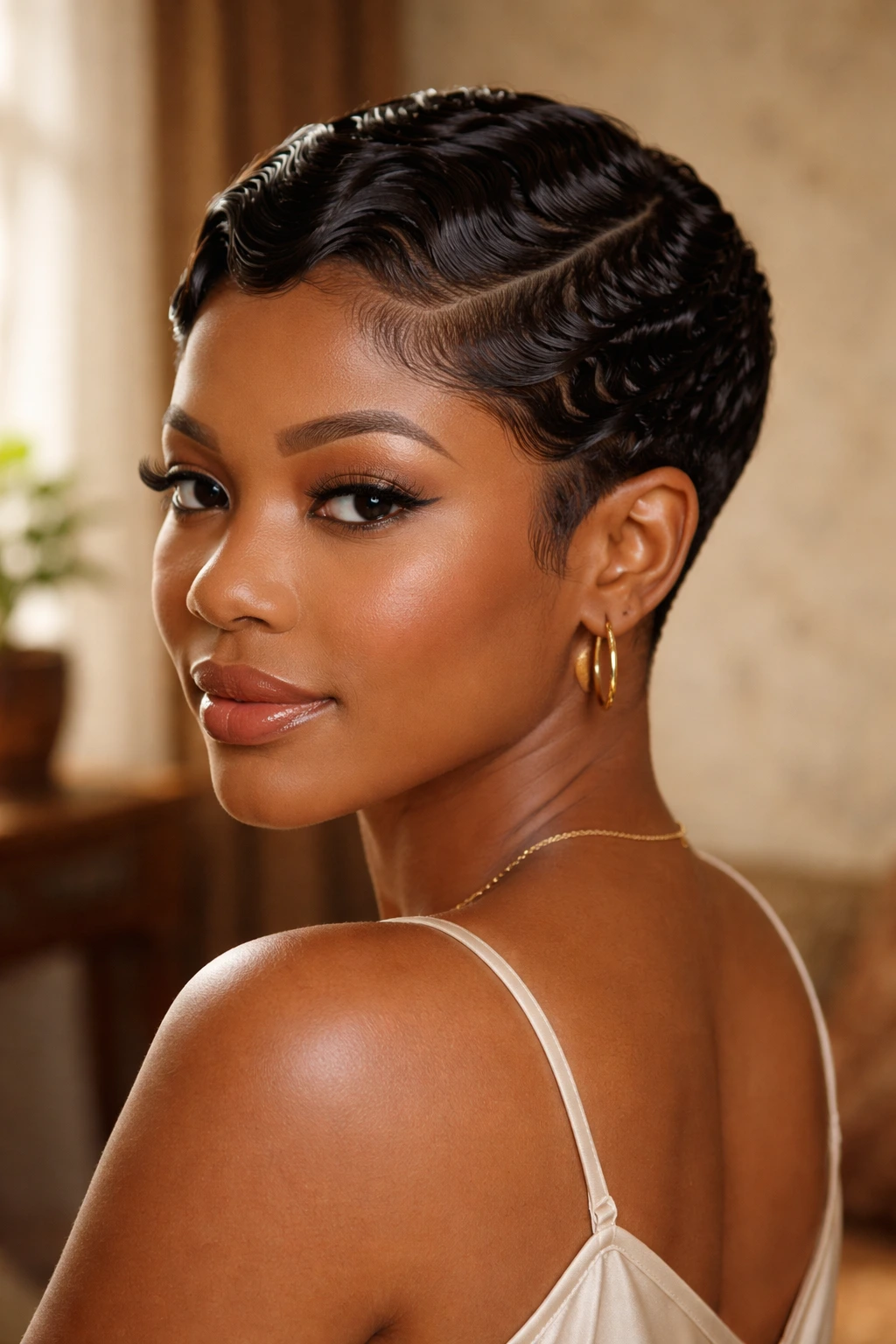 Close-up of a real woman with finger waves and a tapered back under warm window light.