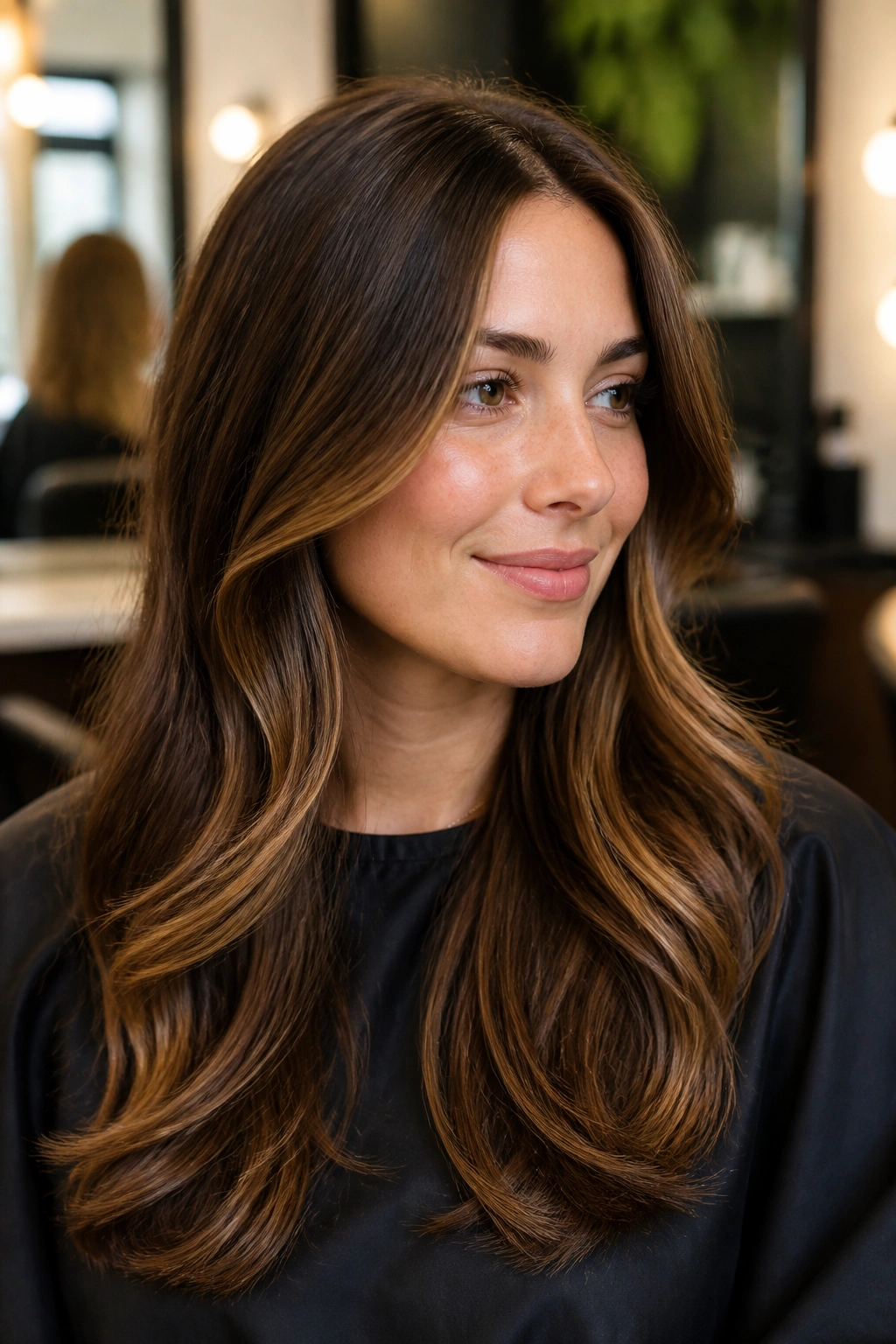 Portrait of real woman with finished brown highlight look: medium brown base with caramel ribbons starting below cheekbone