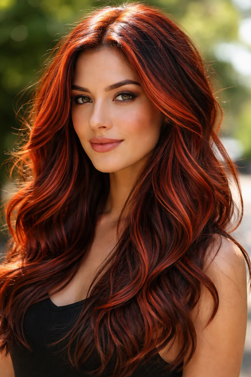 Close-up of a real person with bright fire-engine auburn strands in outdoor light