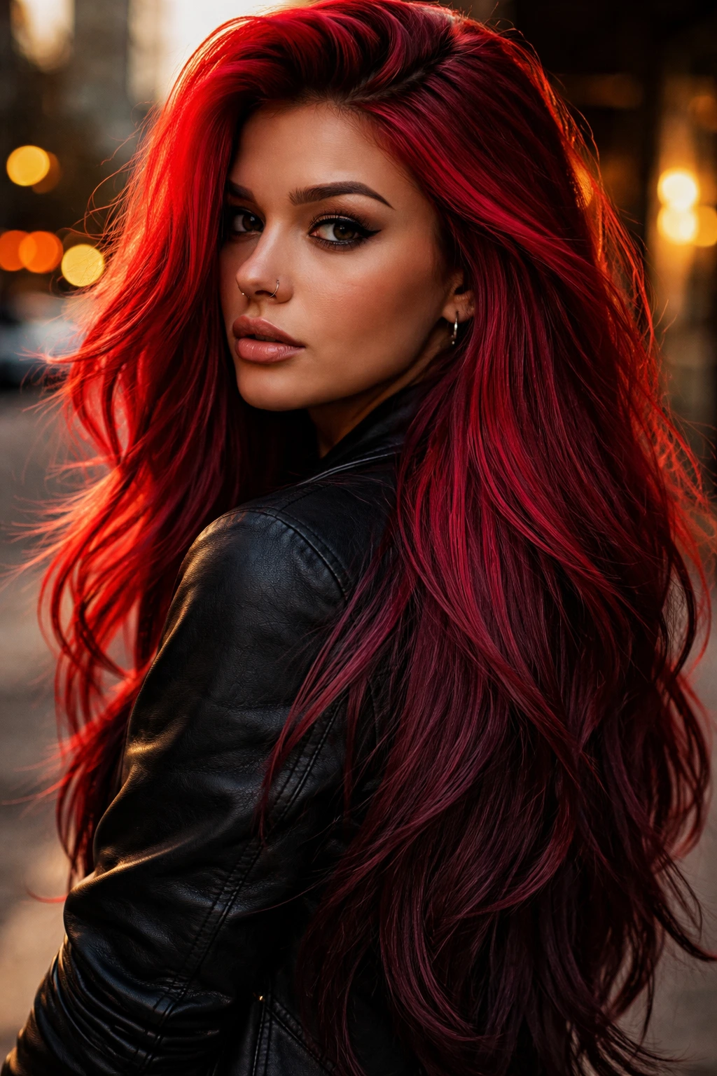 Close up of hair with neon red crown fading to burgundy on a real person