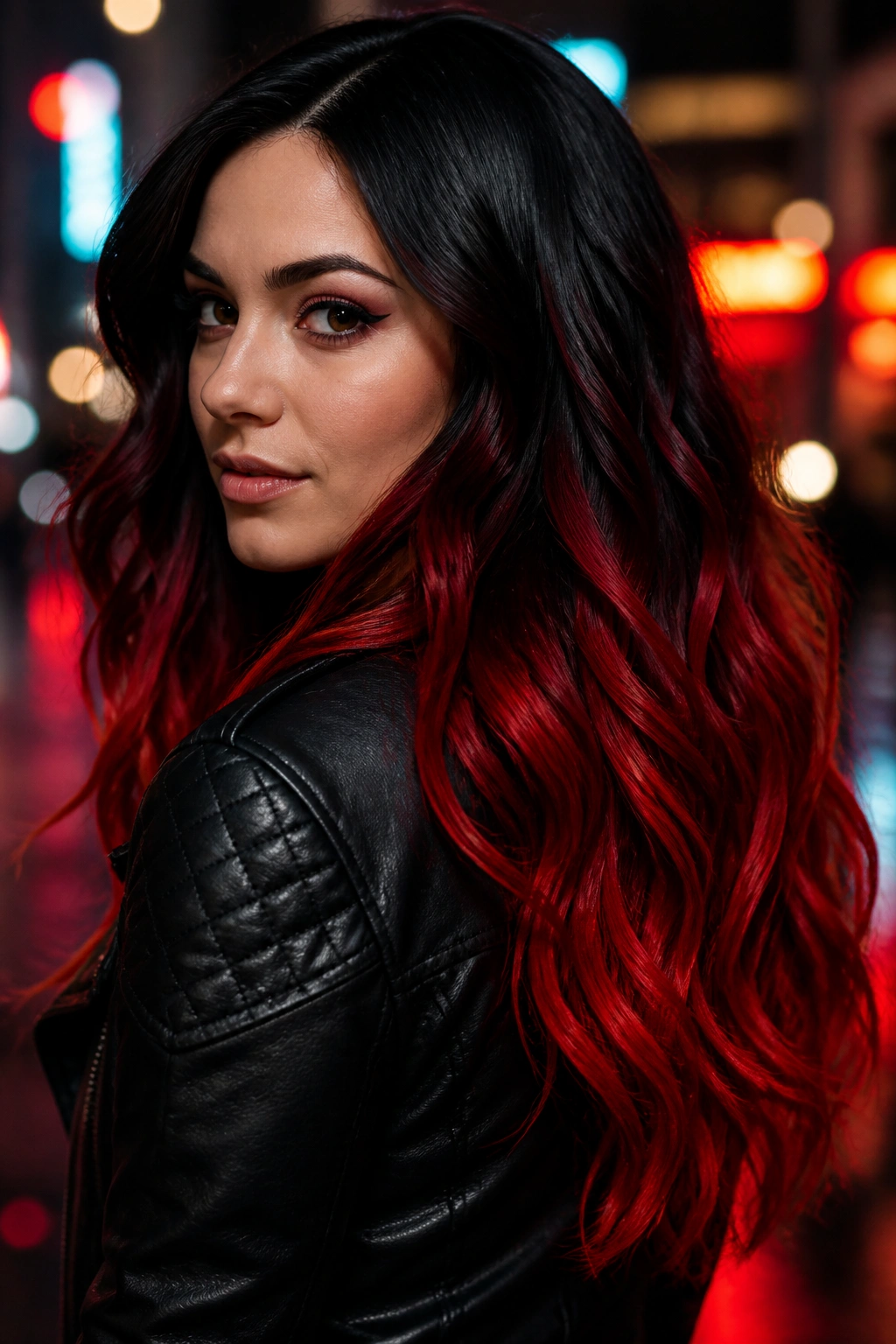 Close-up of a real woman with jet black roots and fire engine red ends hair