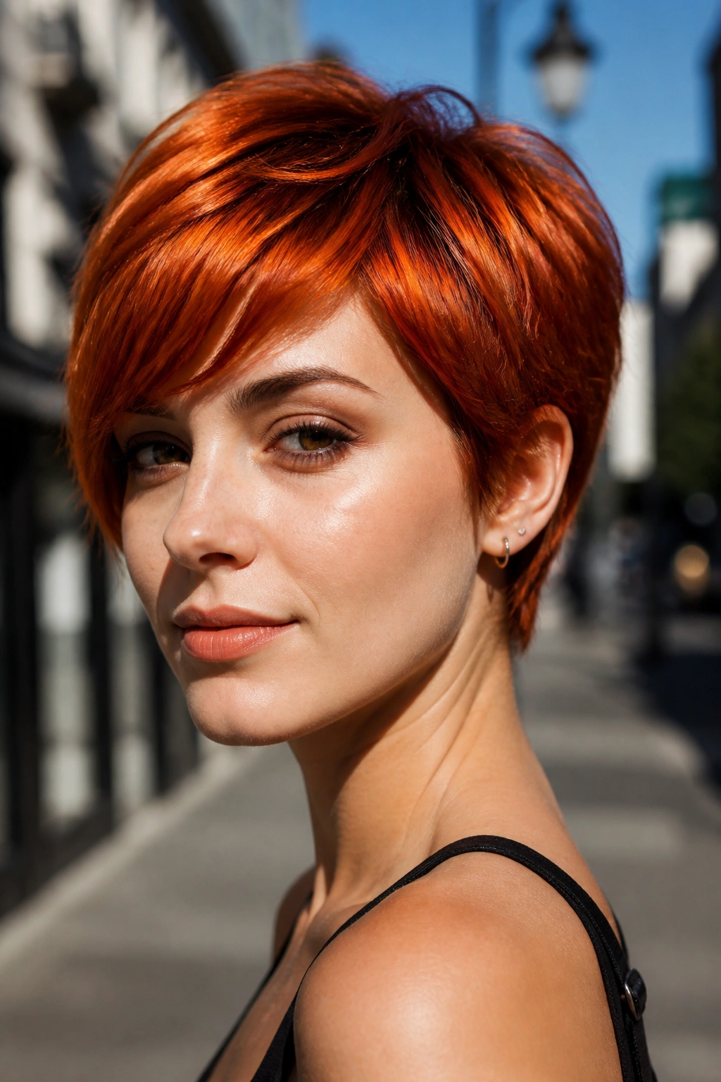 Portrait of a real person with bright fire opal red short hair in sunny outdoor light.