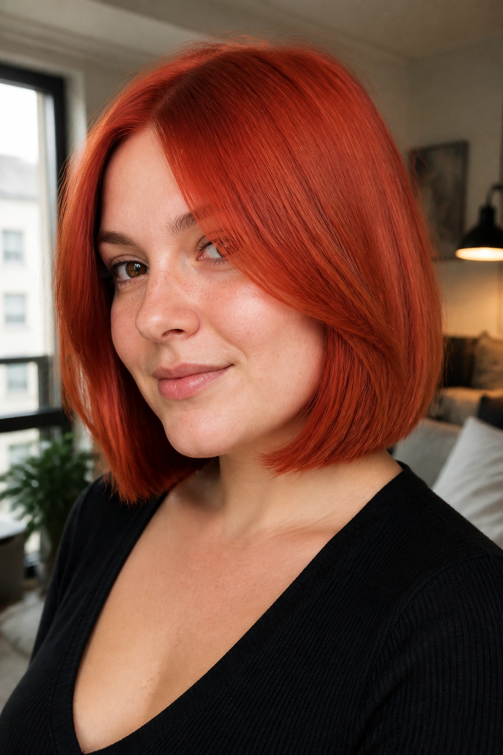 Portrait of a real woman with fire red blunt lob and internal layers
