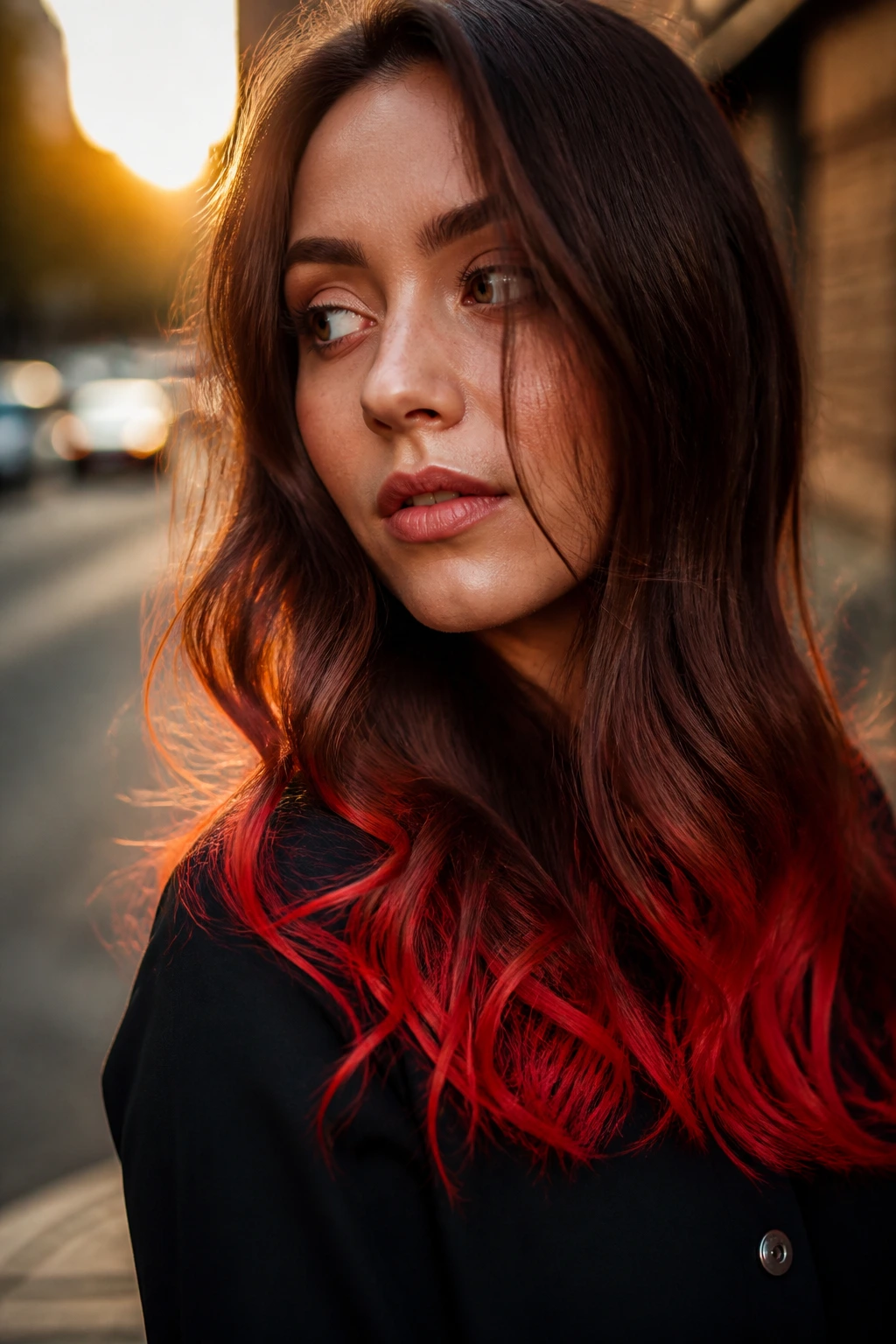 Close-up of brown hair with fire-red dip ends