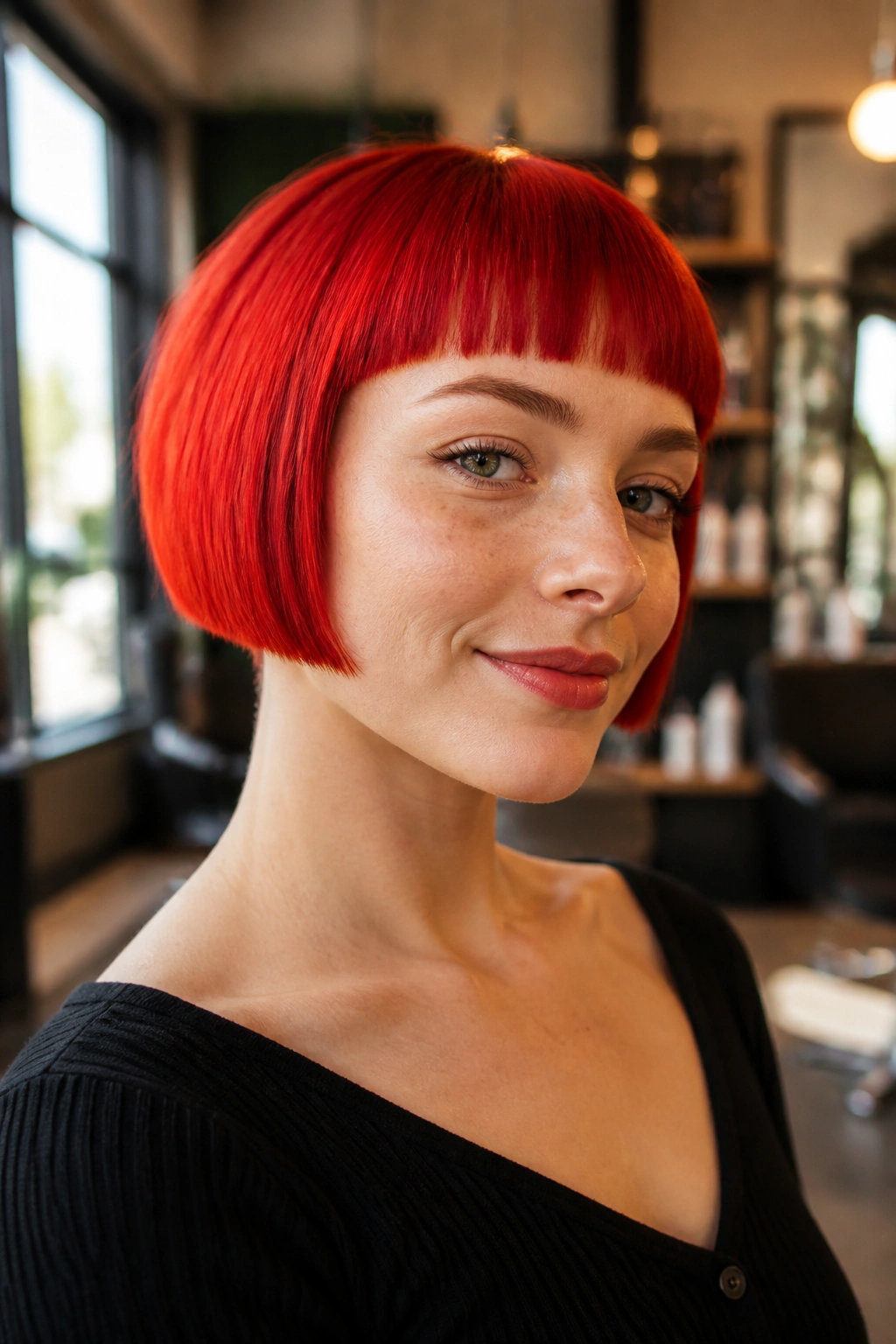 Close-up portrait of a real woman with a fire-red micro bob hairstyle