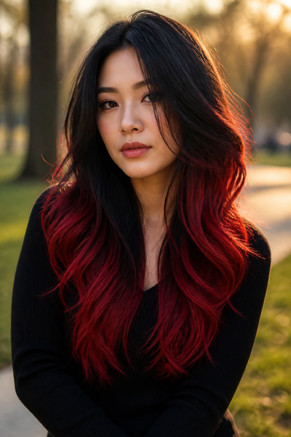 Medium close-up of layered hair transitioning from black to fire-red in golden-hour light