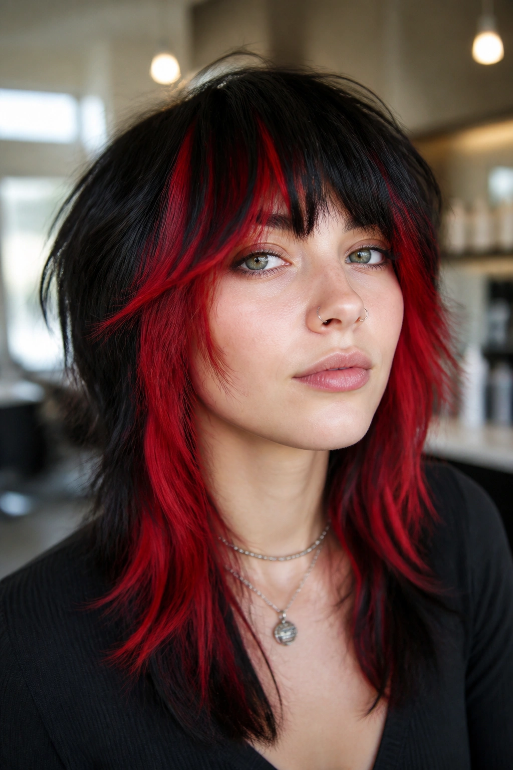 Portrait of a person with wolf cut showing fire-red panels and black base