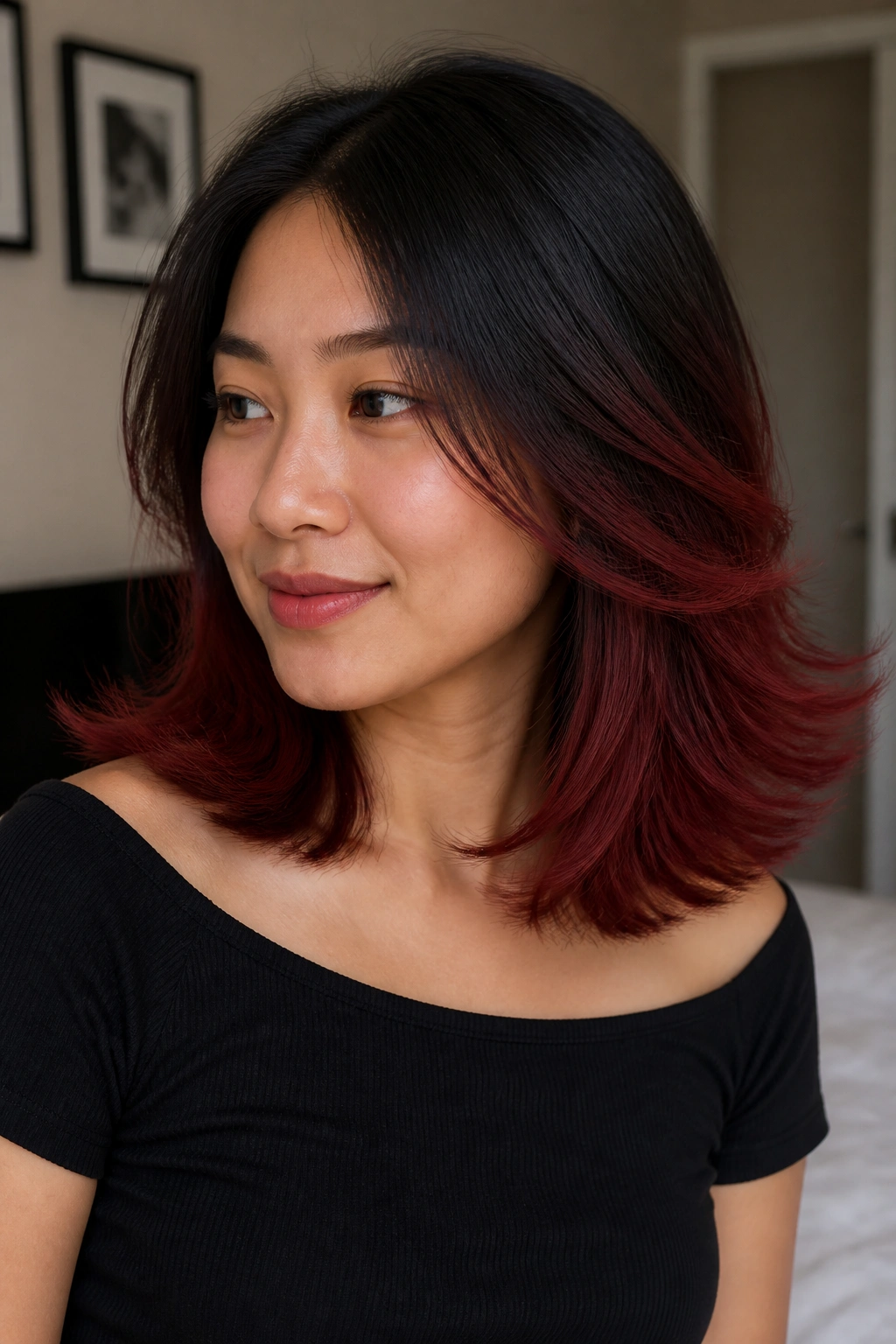 Shoulder-length flip with firebrick ombre on real person
