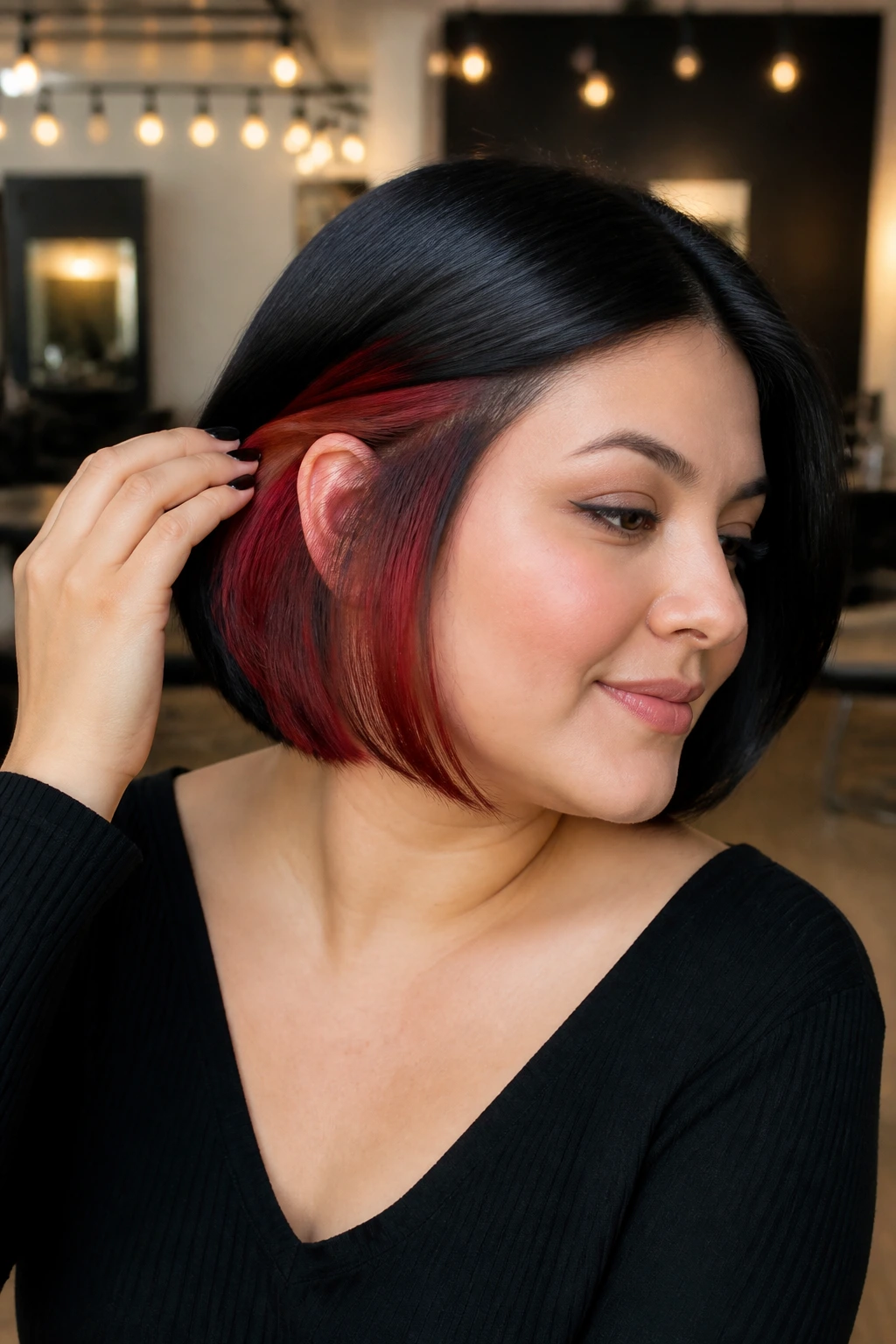 Real person with a black bob featuring firebrick red peekaboo underlayer.