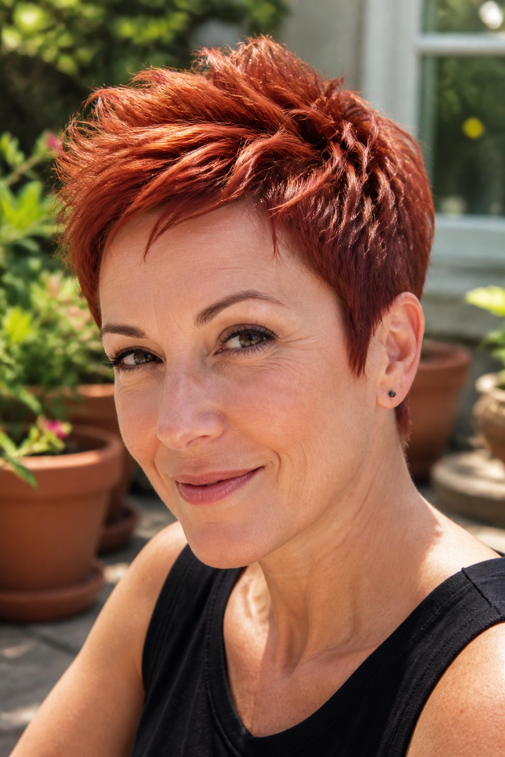 Close-up portrait of a real woman with Firebrick Red Textured Pixie with Lifted Crown