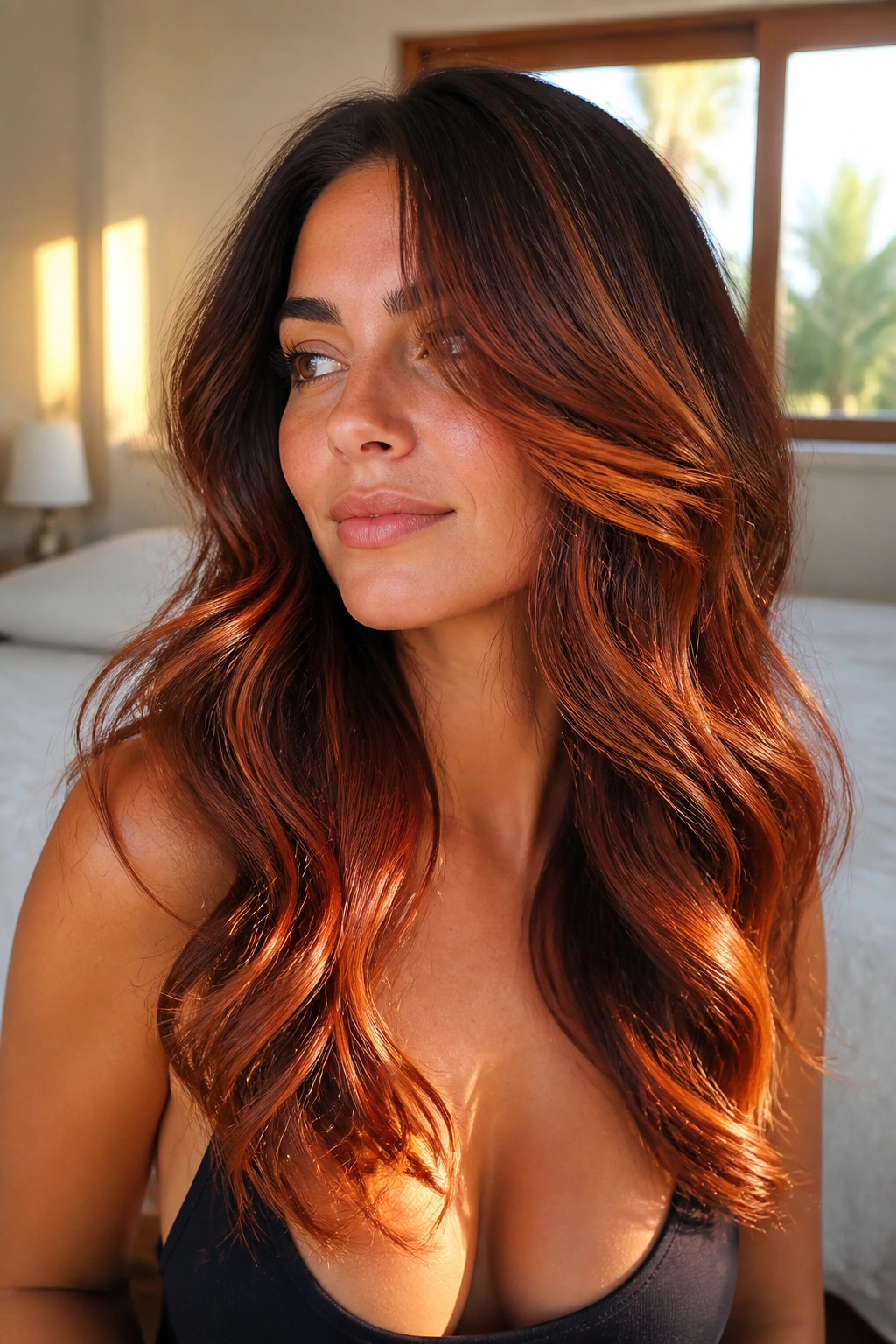 Close-up portrait of brunette hair showing copper amber and red balayage in soft waves