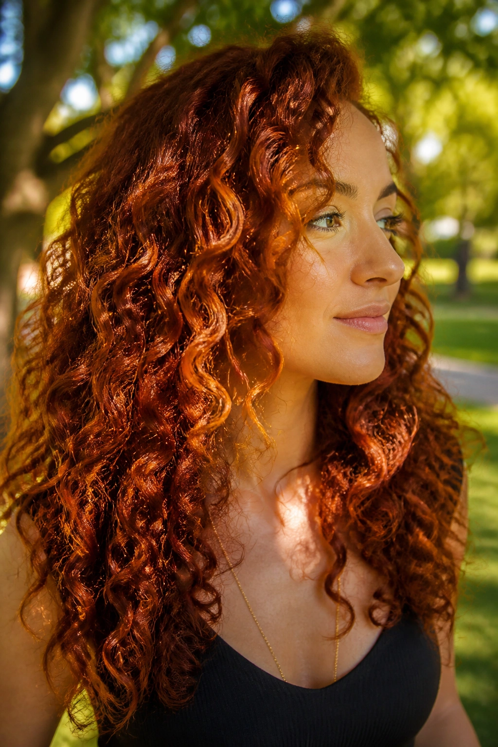 Close-up portrait of a real woman with firelight balayage curls showing copper and amber tones.