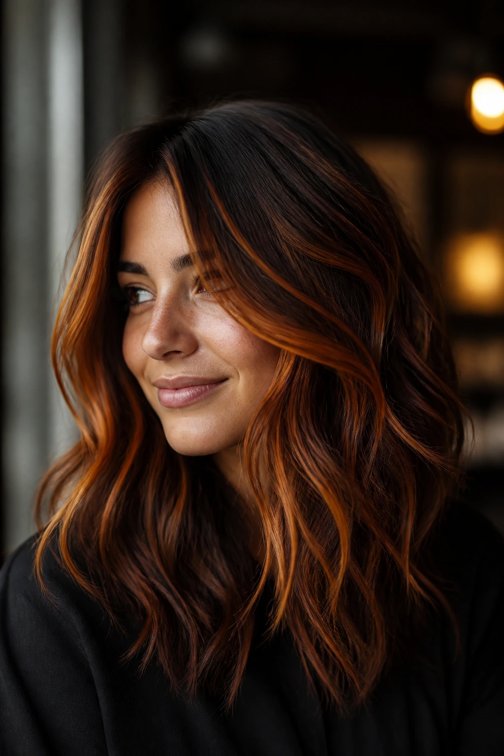 Close-up of firelight balayage on dark chocolate brown hair with copper highlights